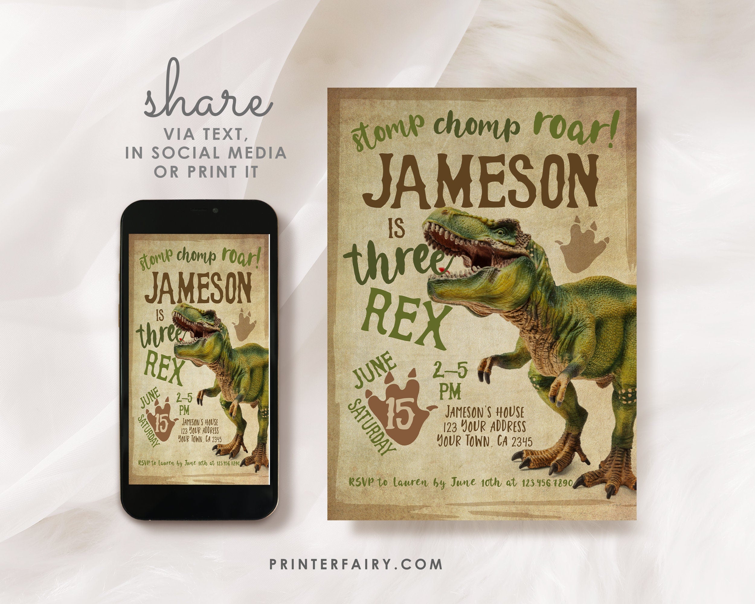 Three Rex Dinosaur Birthday Invitation, EDITABLE (Digital Download)