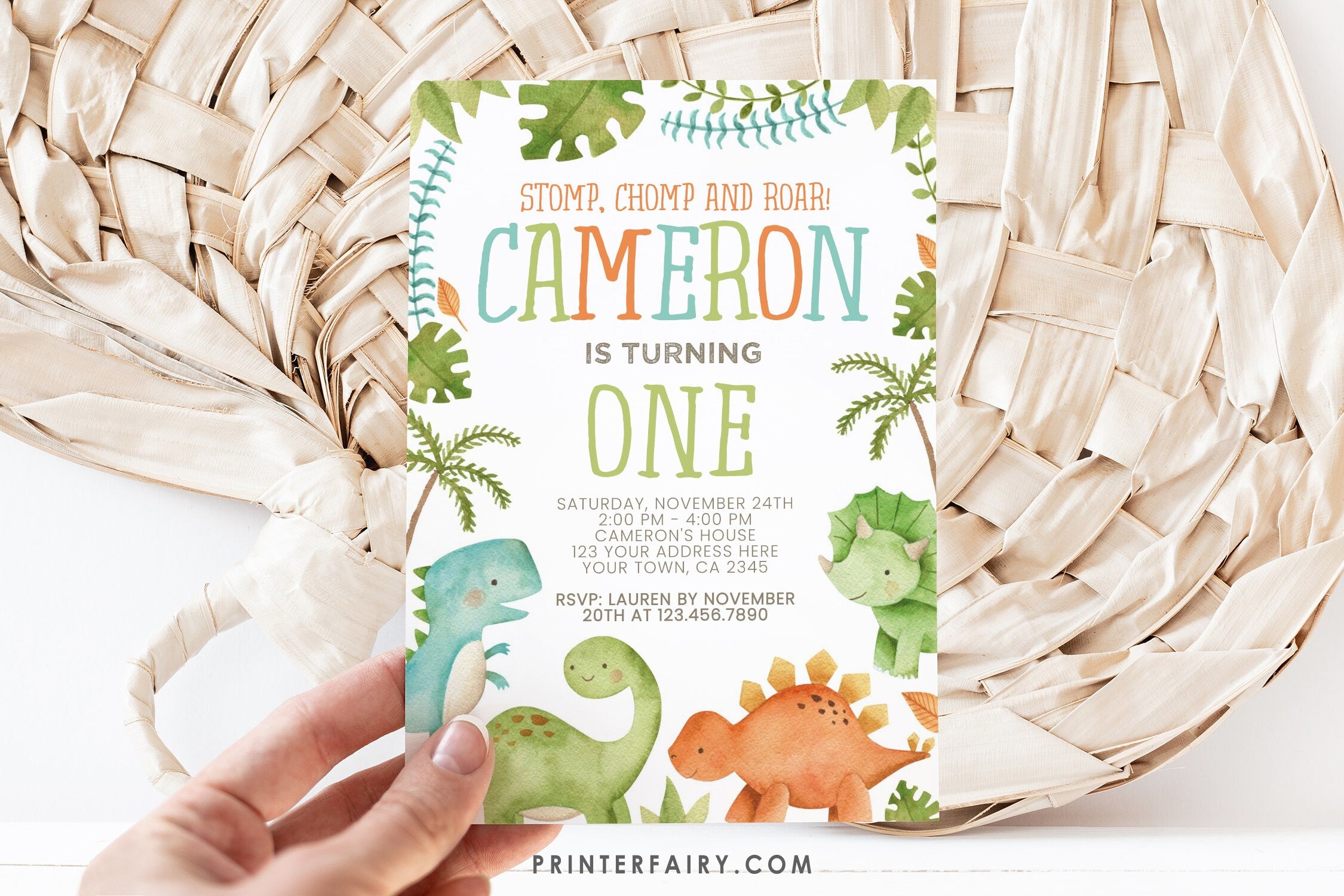 Editable Dinosaur Birthday Invitation, Watercolor Dinosaurs (Digital Download)