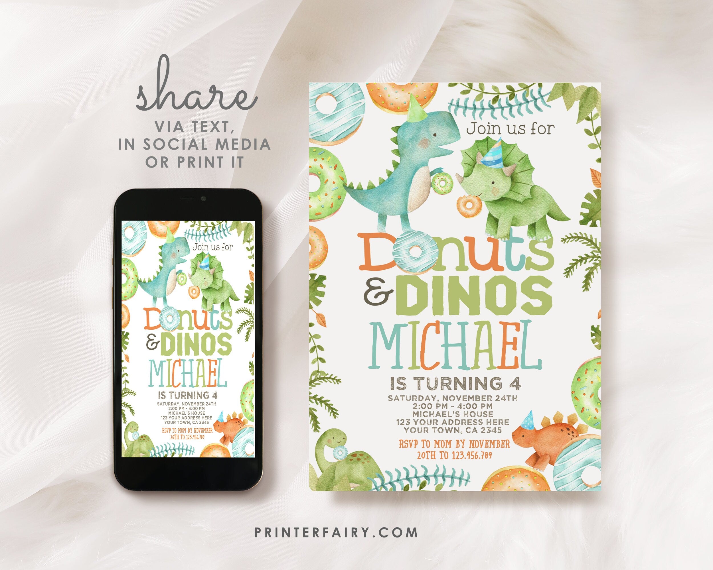 Donuts and Dinosaurs Birthday Invitation, Editable (Digital Download)