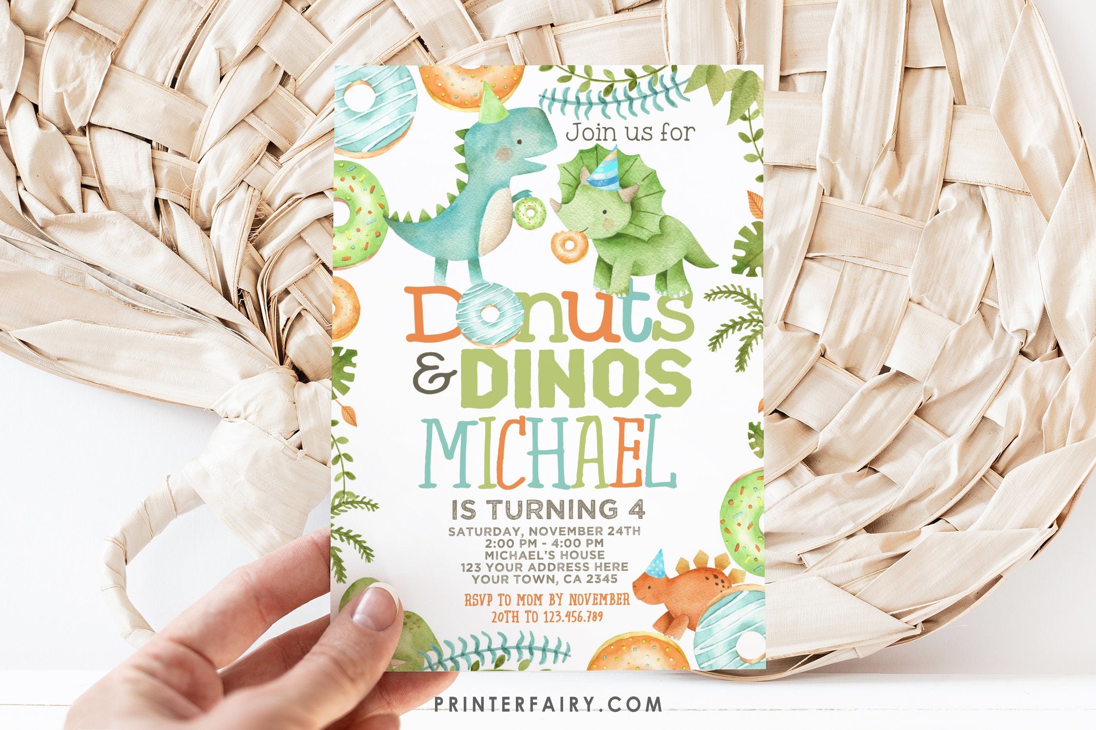Donuts and Dinosaurs Birthday Invitation, Editable (Digital Download)