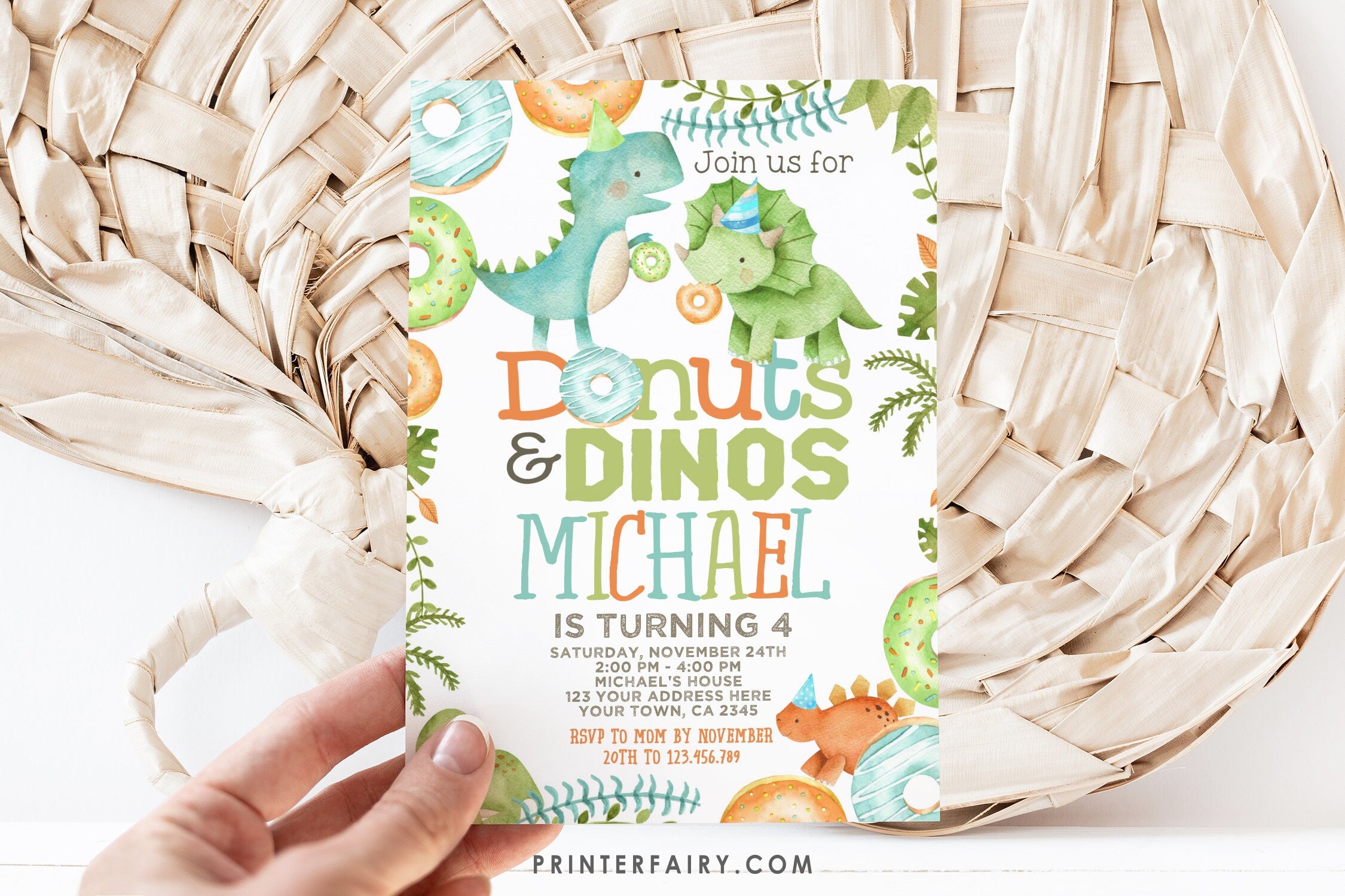 Donuts and Dinosaurs Birthday Invitation, Editable (Digital Download)