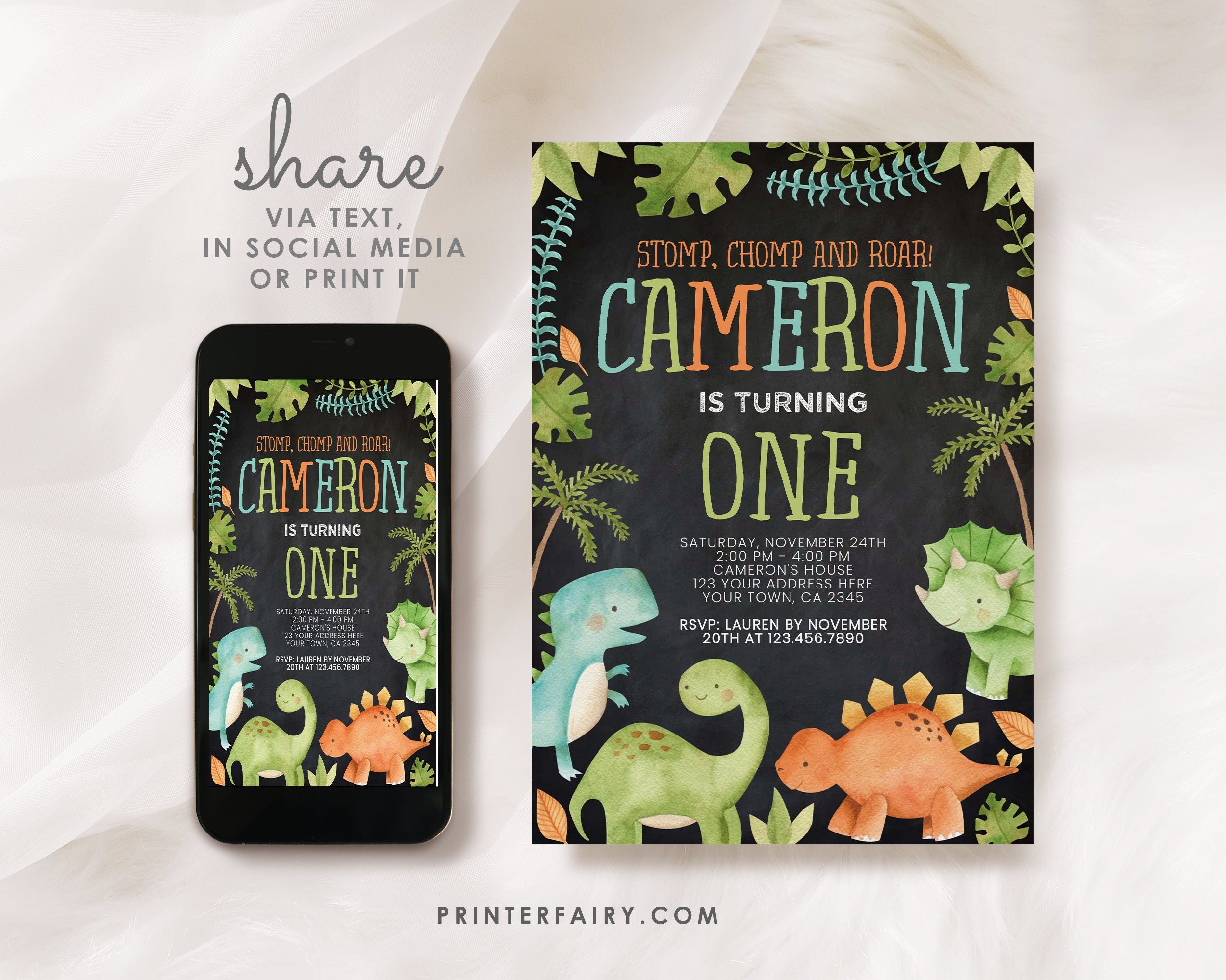 Editable Dinosaur Birthday Invitation, Jungle Theme (Digital Download)