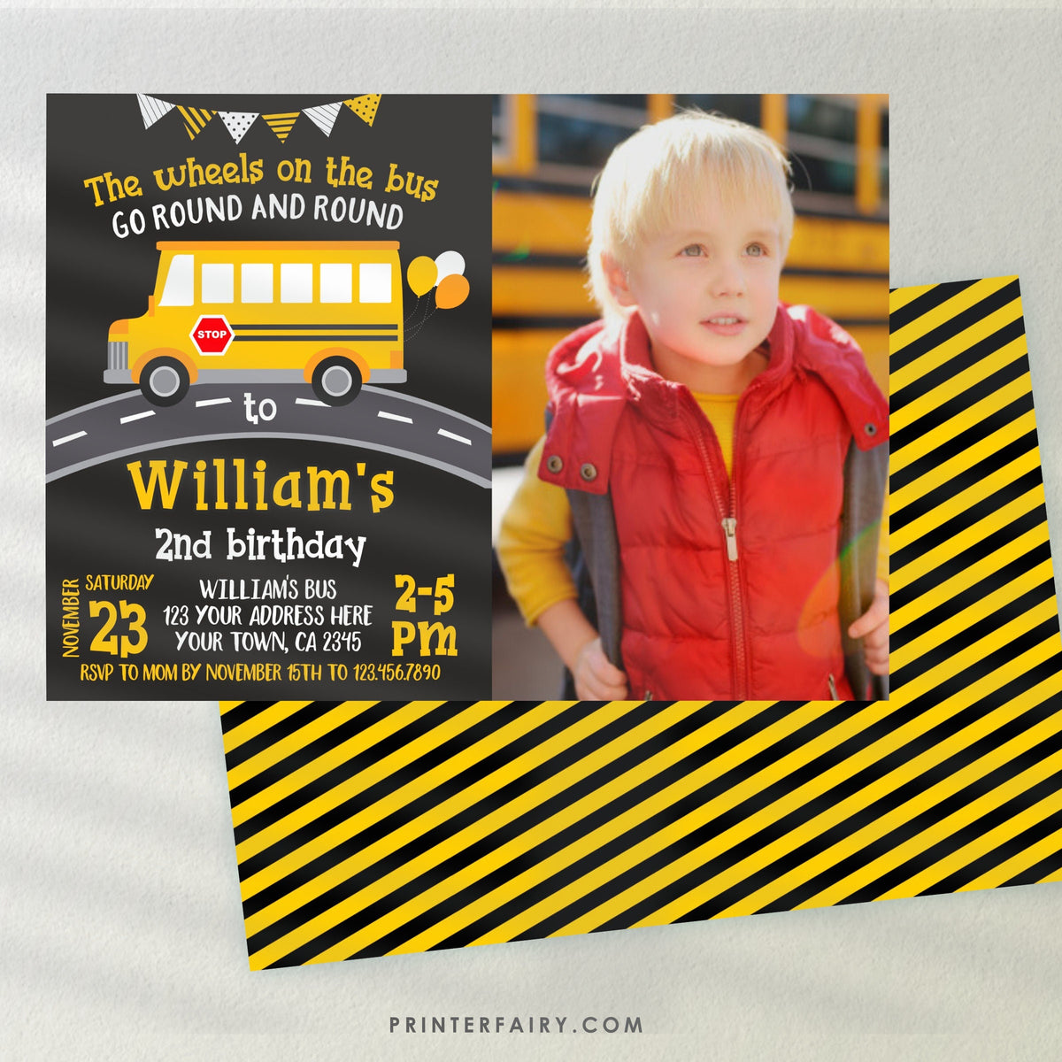 Wheels on the Bus Birthday Invitation with Photo, Editable (Digital Download)