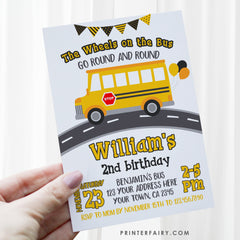 Wheels on the Bus Birthday Invitation, Editable Yellow Bus (Digital Download)