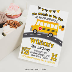 Wheels on the Bus Birthday Invitation, Editable Yellow Bus (Digital Download)