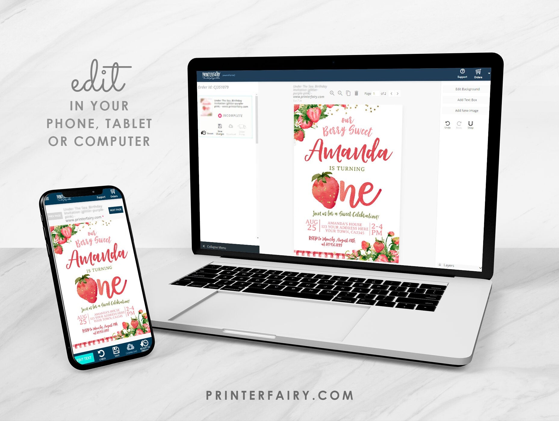 Strawberry First Birthday Invitation, Berry Sweet Floral Girl Invite (Digital Download)