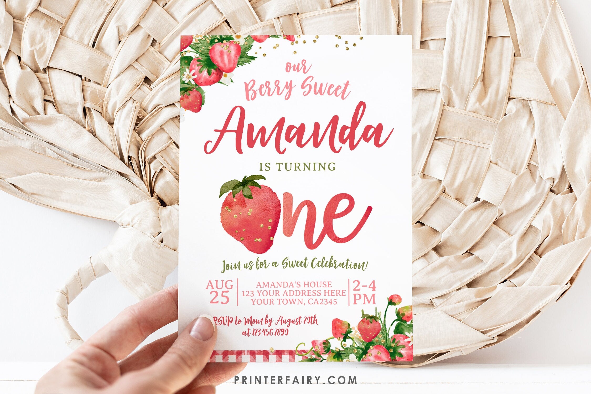 Strawberry First Birthday Invitation, Berry Sweet Floral Girl Invite (Digital Download)