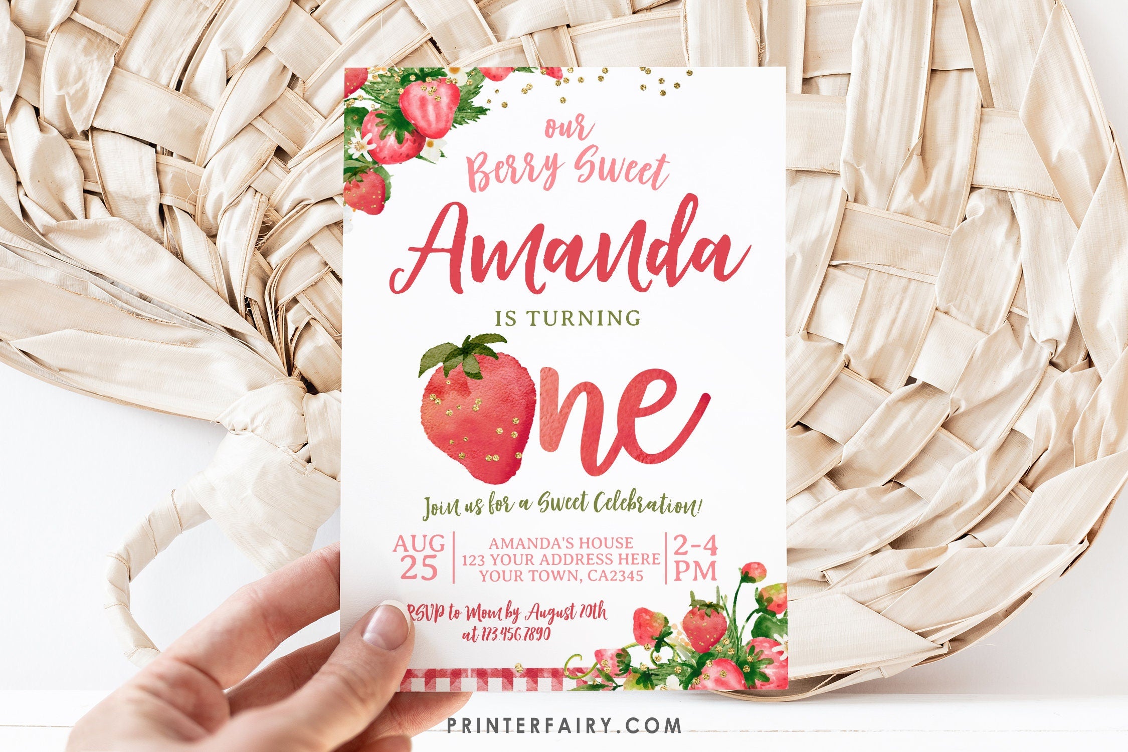 Strawberry First Birthday Invitation, Berry Sweet Floral Girl Invite (Digital Download)