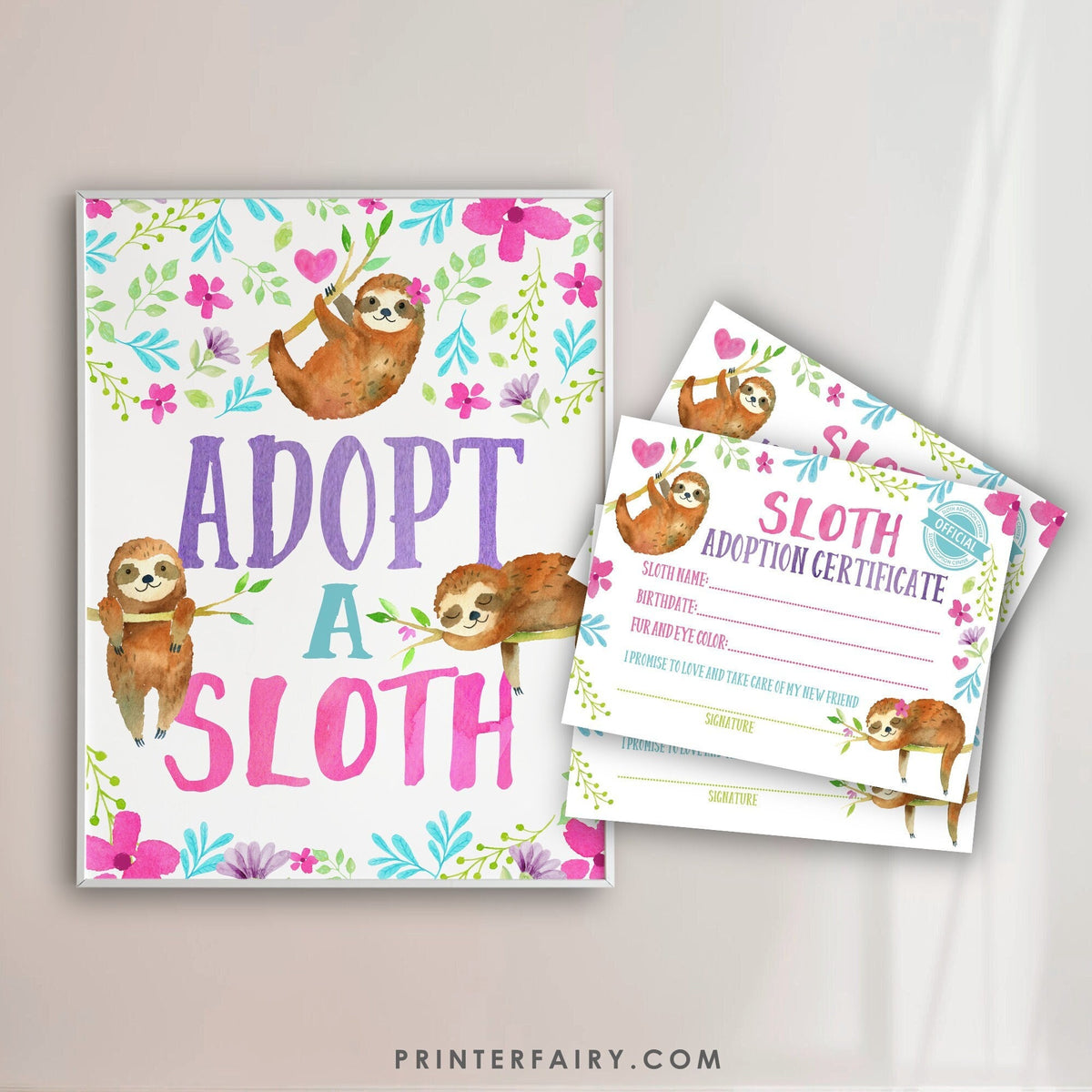 Sloth Adoption Sign and Certificate, Sloth Party Decor (Digital Files)
