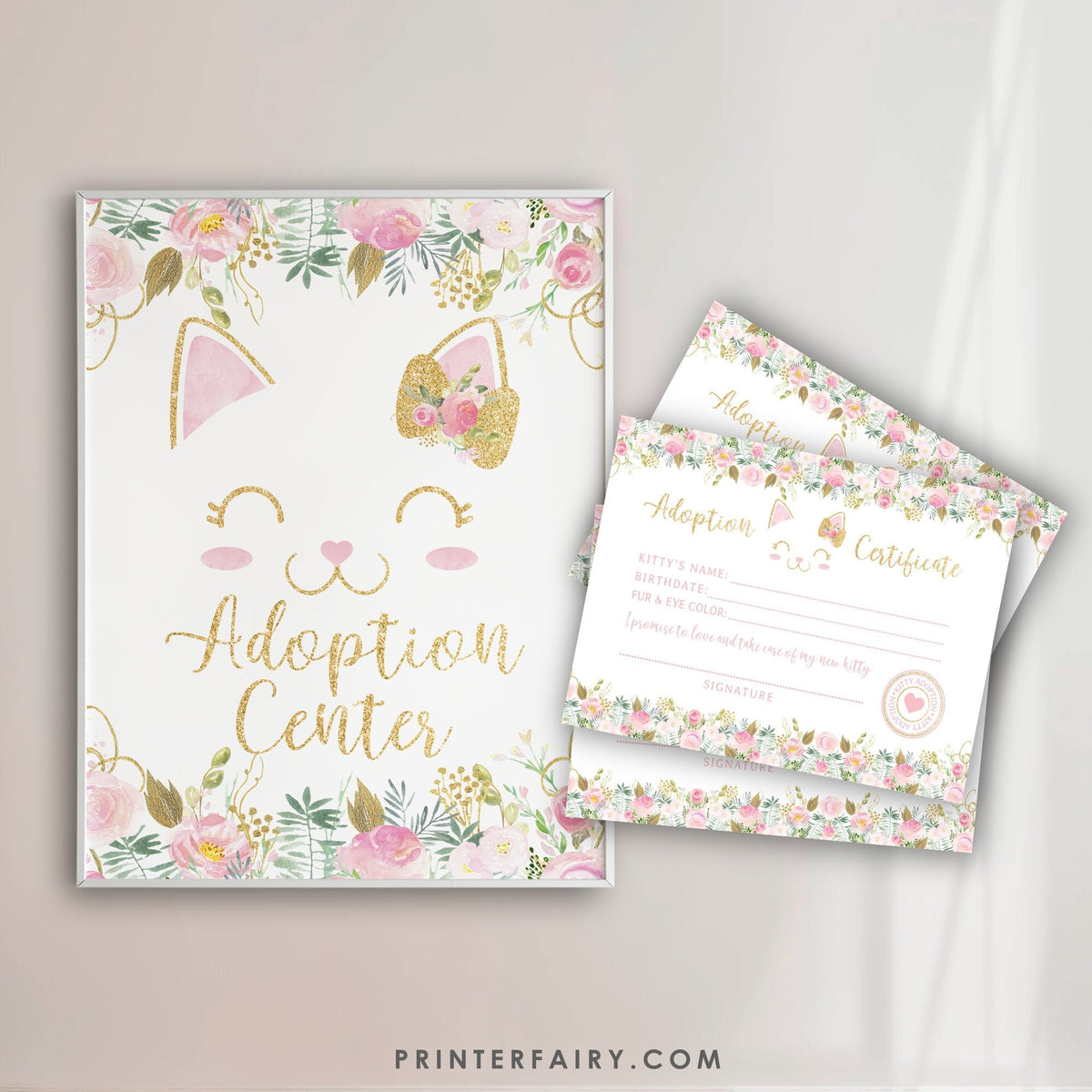 Floral Kitty Adoption Party Sign and Certificate (Instant Download)
