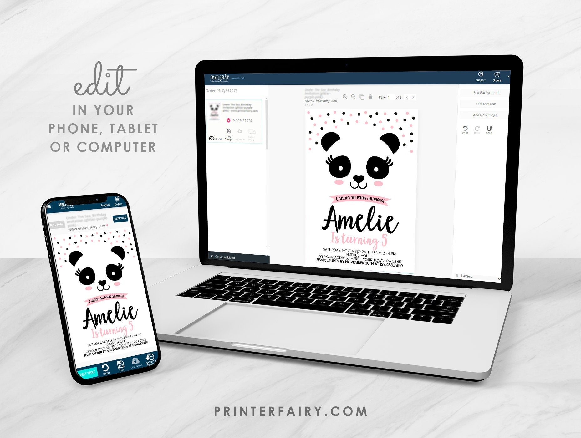 Panda Birthday Invitation Editable Template, Pink and Black, INSTANT DOWNLOAD