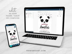 Panda Birthday Invitation Editable Template, Pink and Black, INSTANT DOWNLOAD