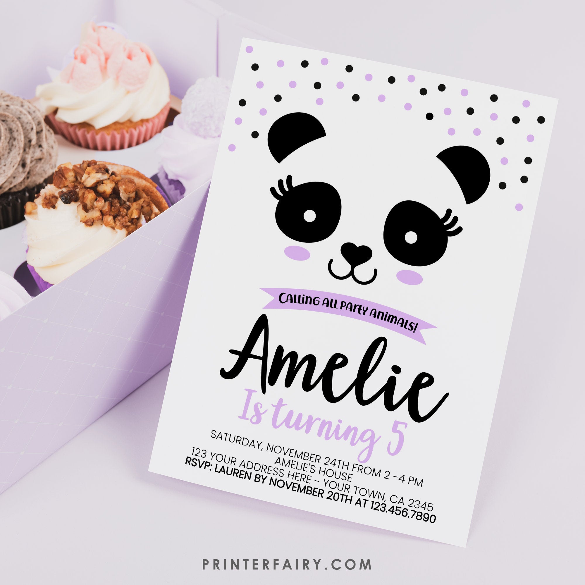 Panda Birthday Party Invitation Template, Black White & Purple, Edit Yourself, INSTANT DOWNLOAD