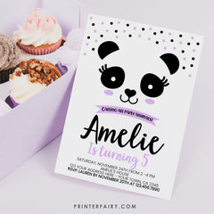 Panda Birthday Party Invitation Template, Black White & Purple, Edit Yourself, INSTANT DOWNLOAD