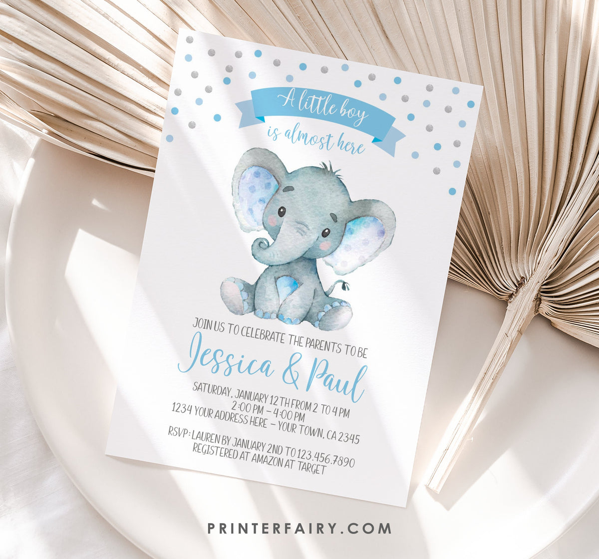 Editable Elephant Baby Shower Invitation, Jungle Theme (Digital Invite)