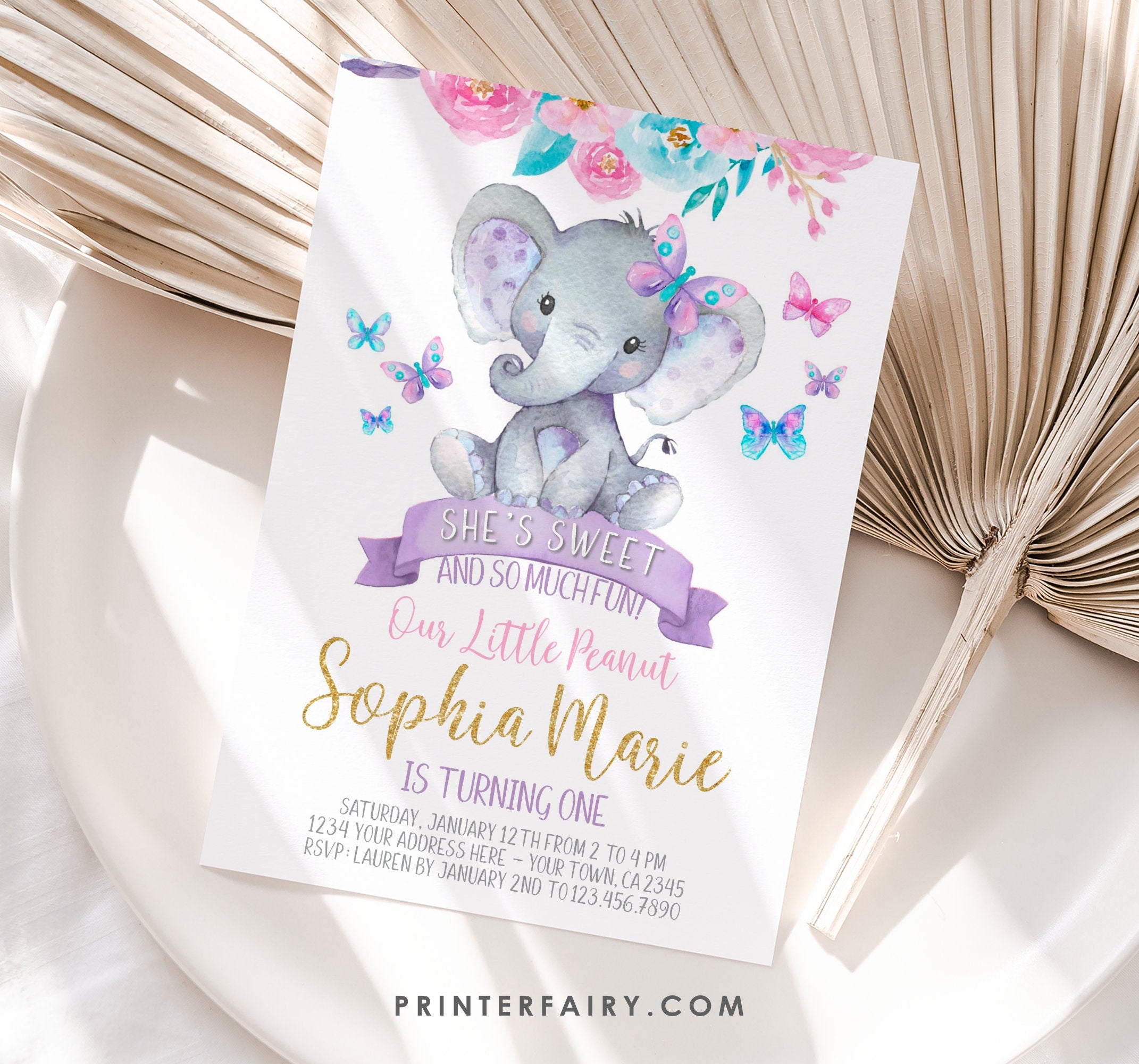 Elephant and Butterfly Floral 1st Birthday Invitation Editable Template for Any Age, Instant Download