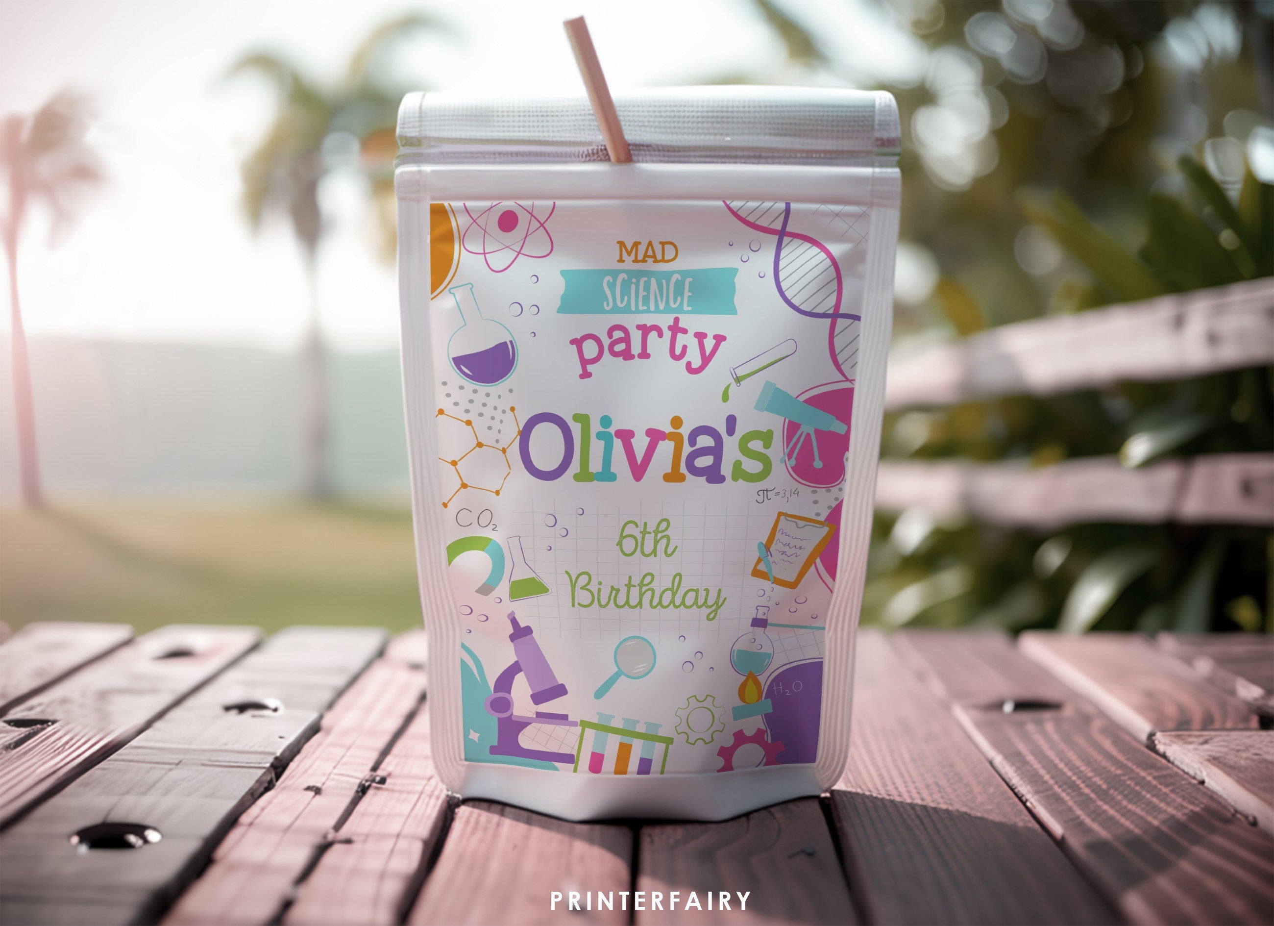 Editable Science Birthday Party Drink Pouch Label (Digital Item)