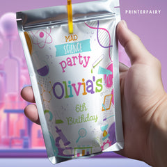 Editable Science Birthday Party Drink Pouch Label (Digital Item)