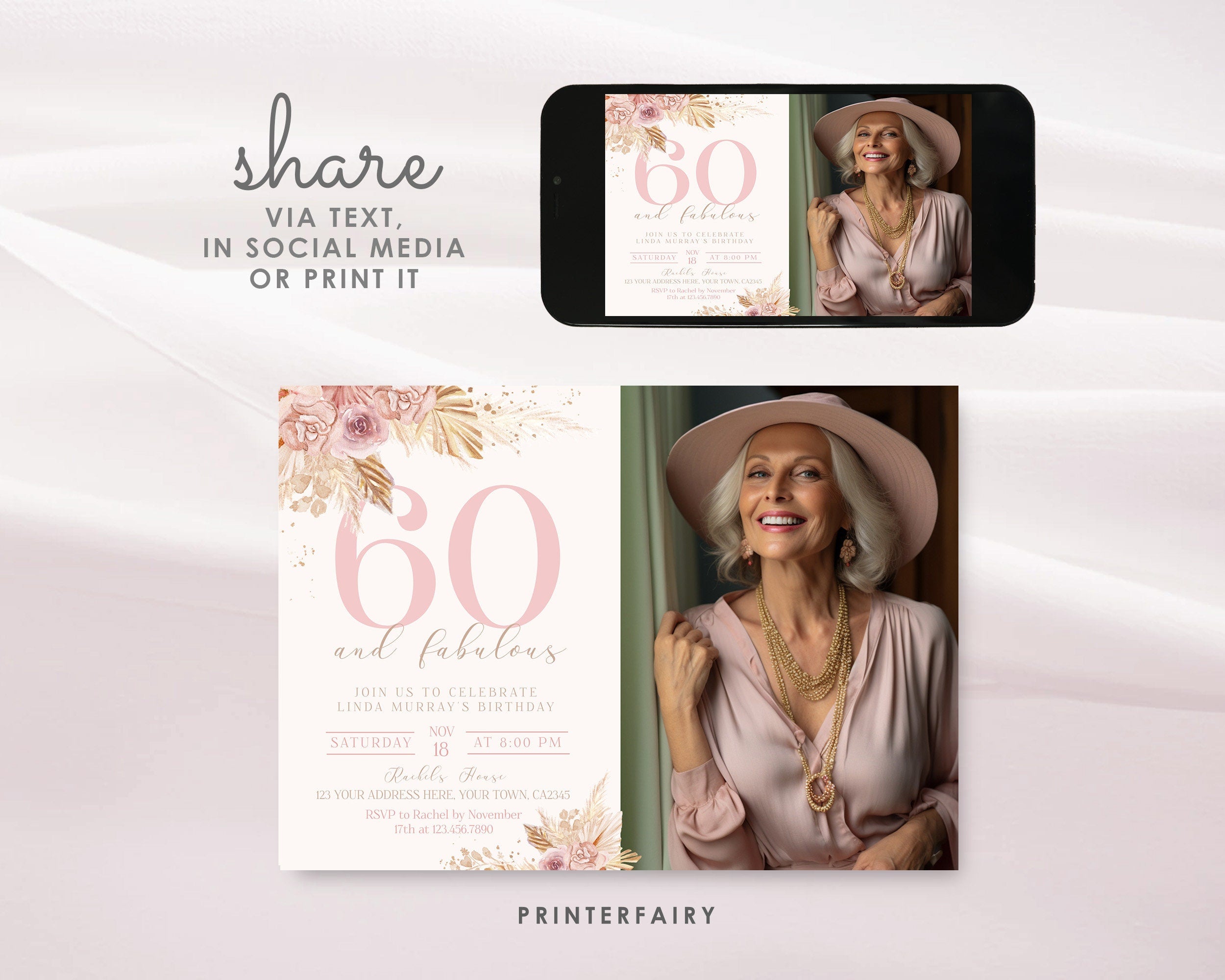 60th Birthday Invitation Editable Template with Photo, Instant Download