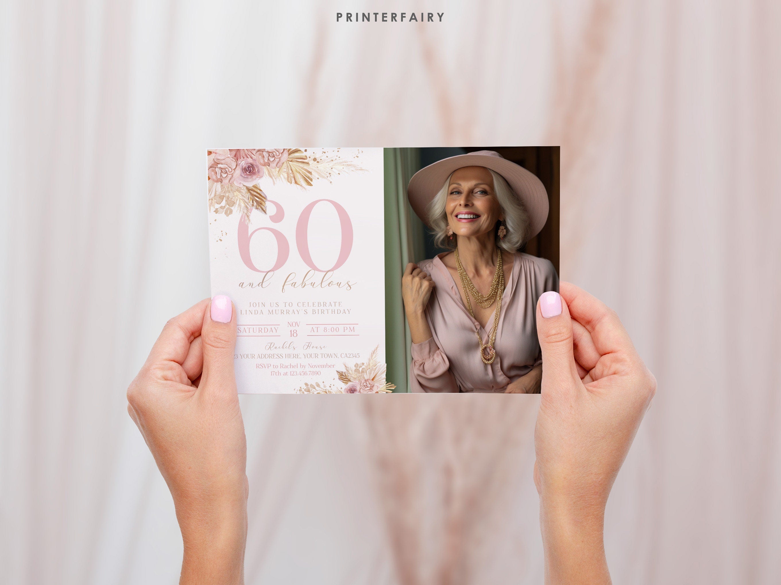 60th Birthday Invitation Editable Template with Photo, Instant Download
