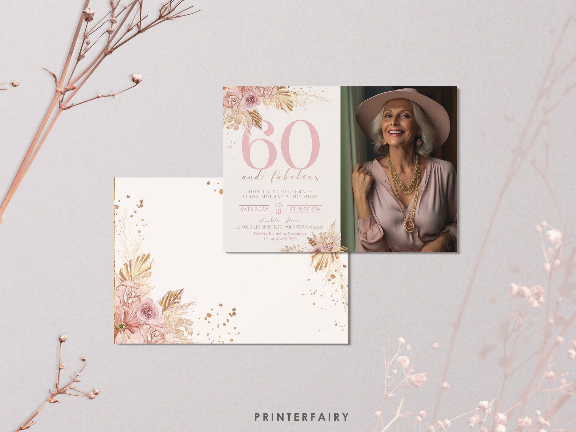 60th Birthday Invitation Editable Template with Photo, Instant Download
