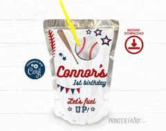 Editable Baseball Birthday Drink Pouch Label (Digital)