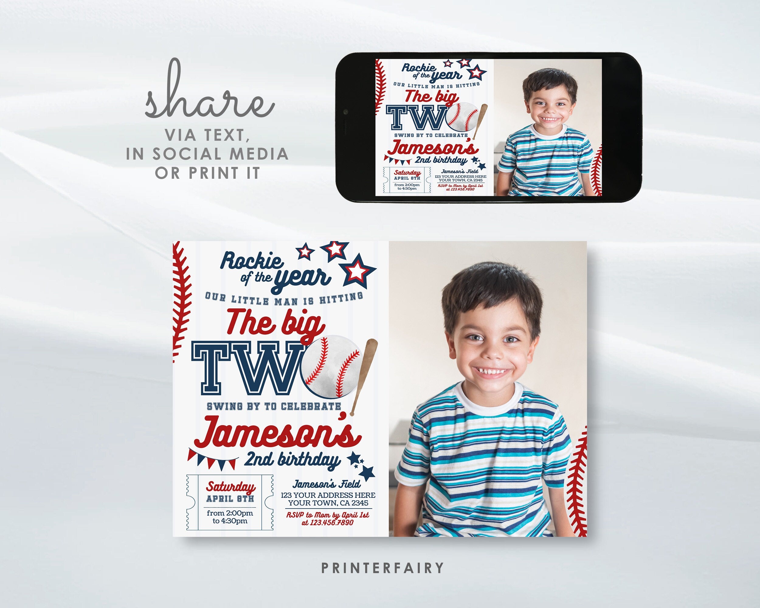 Baseball Second Birthday Invitation with Photo (Editable)