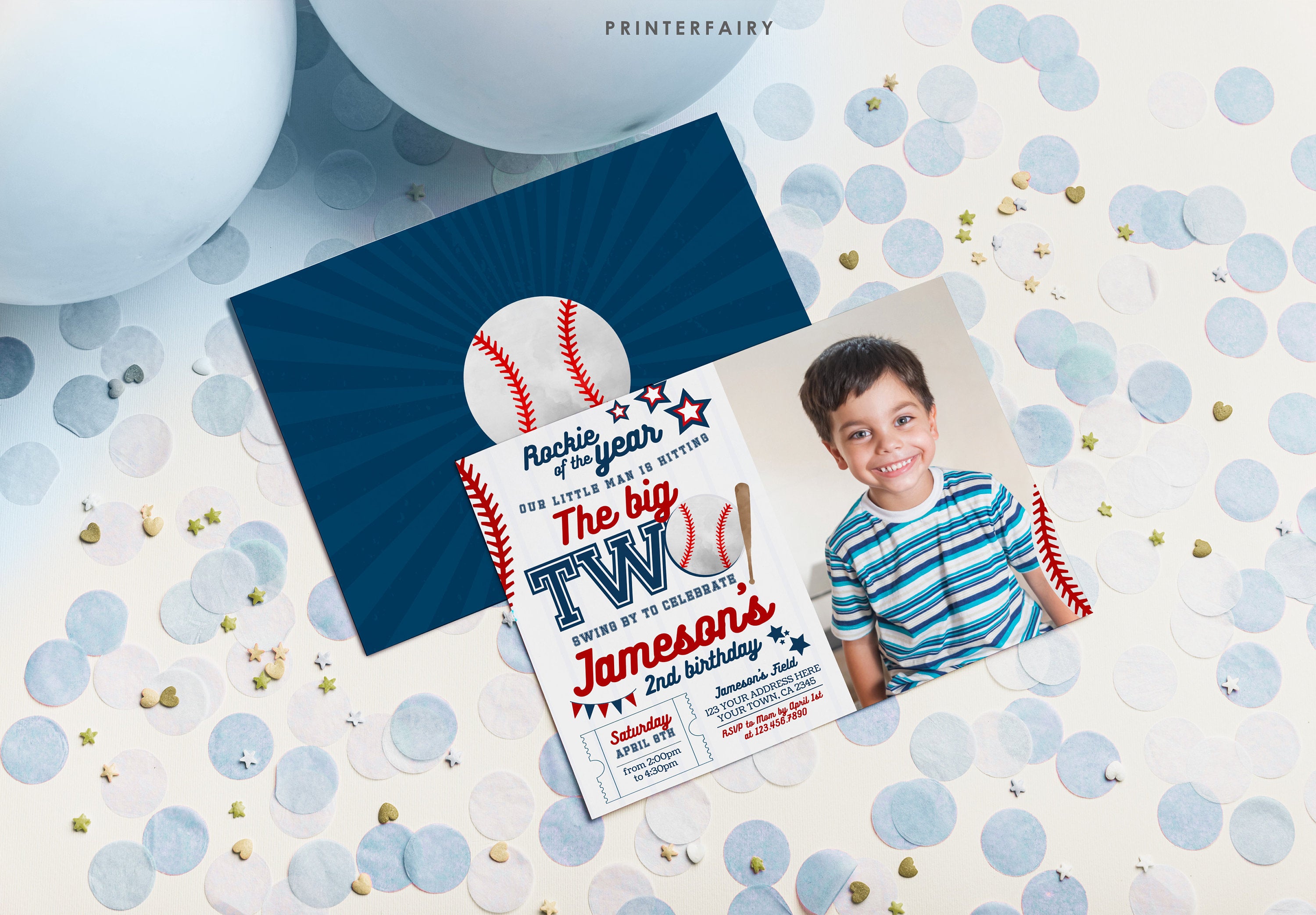 Baseball Second Birthday Invitation with Photo (Editable)