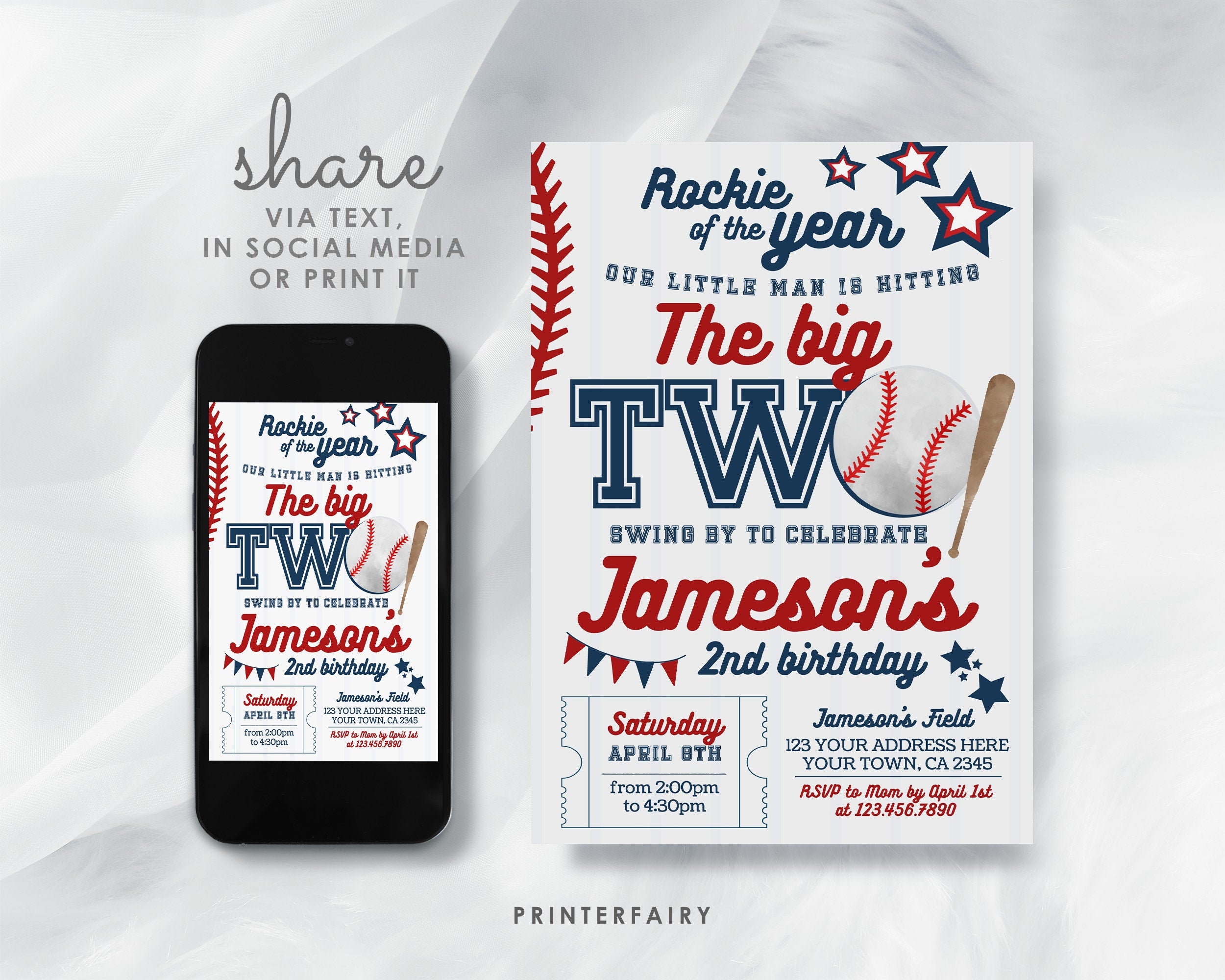Baseball 2nd Birthday Invitation, Editable Sports Party Invite (Digital Download)
