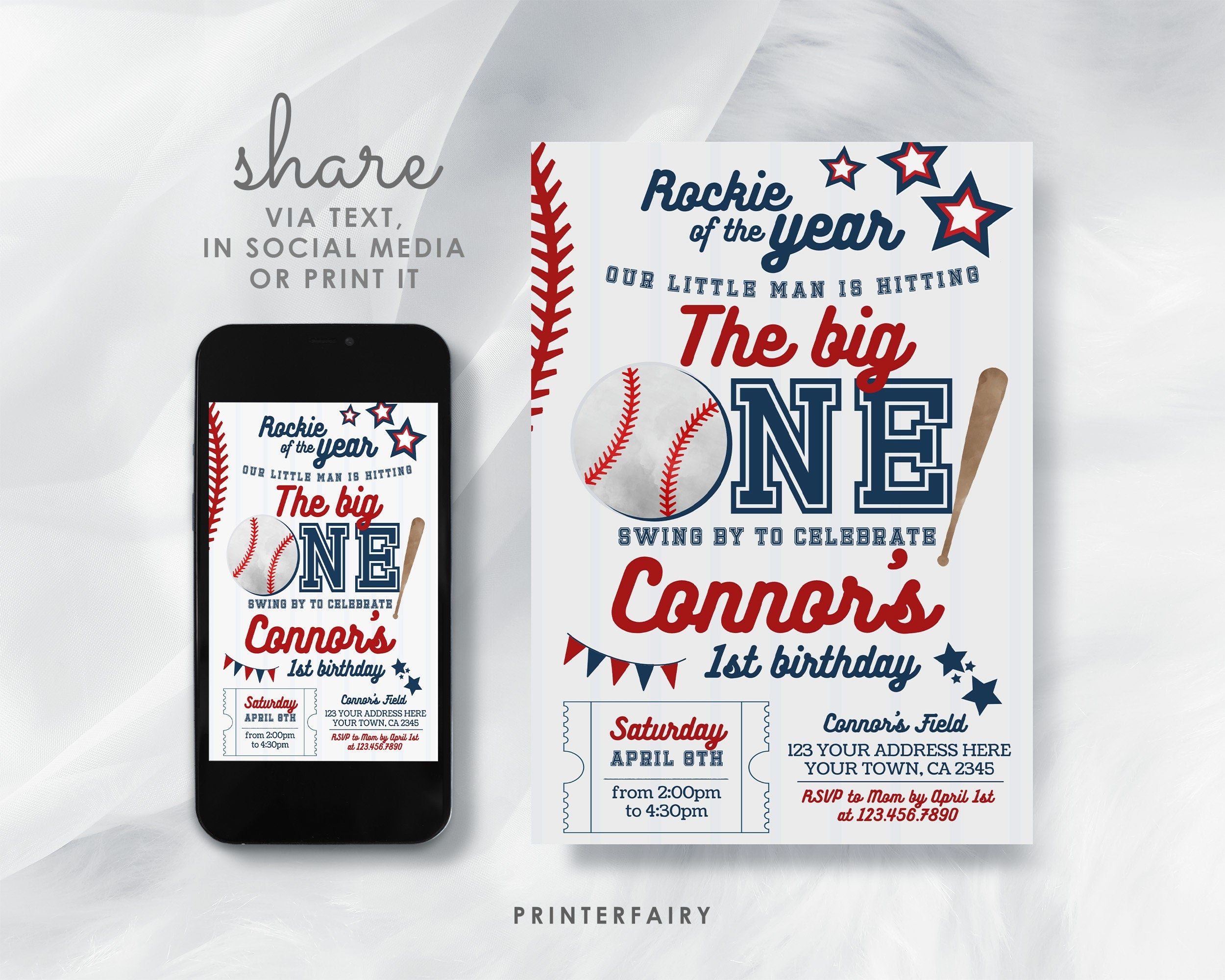 Baseball First Birthday Invitation, EDITABLE (Digital Item)
