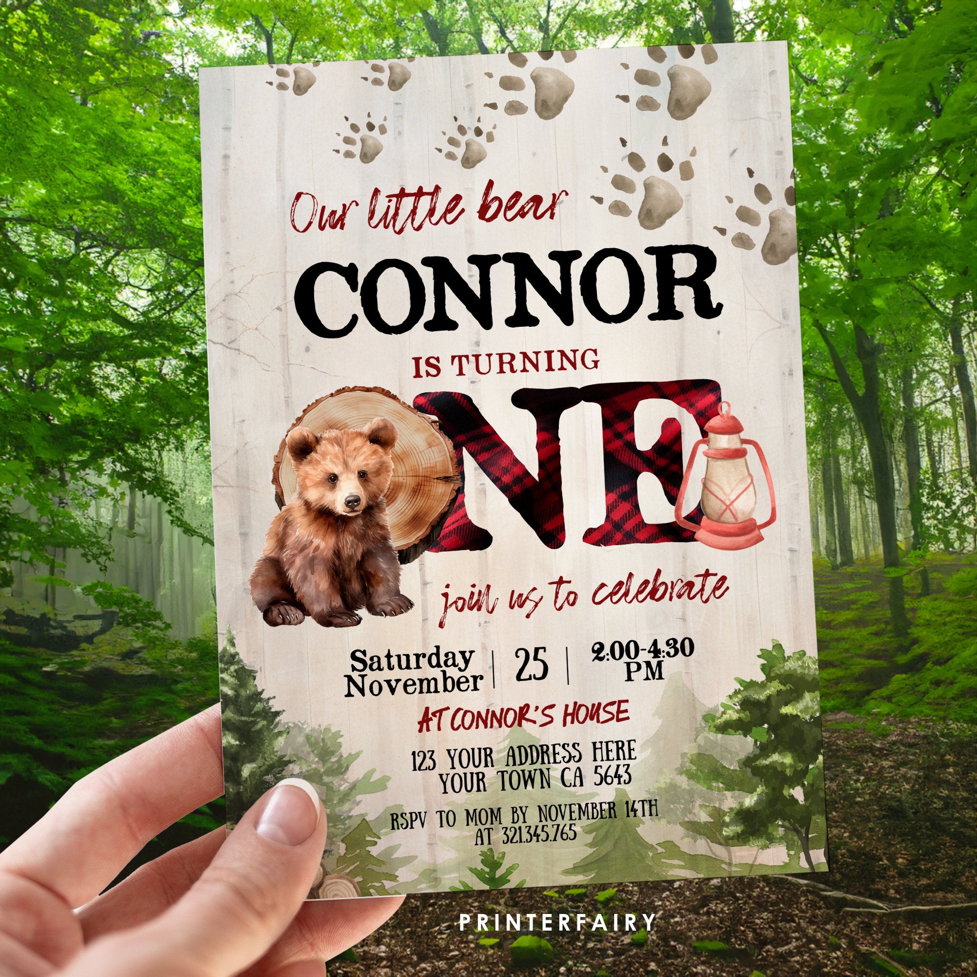 Lumberjack Bear 1st Birthday Invitation, Winter Woodland (Instant Download)