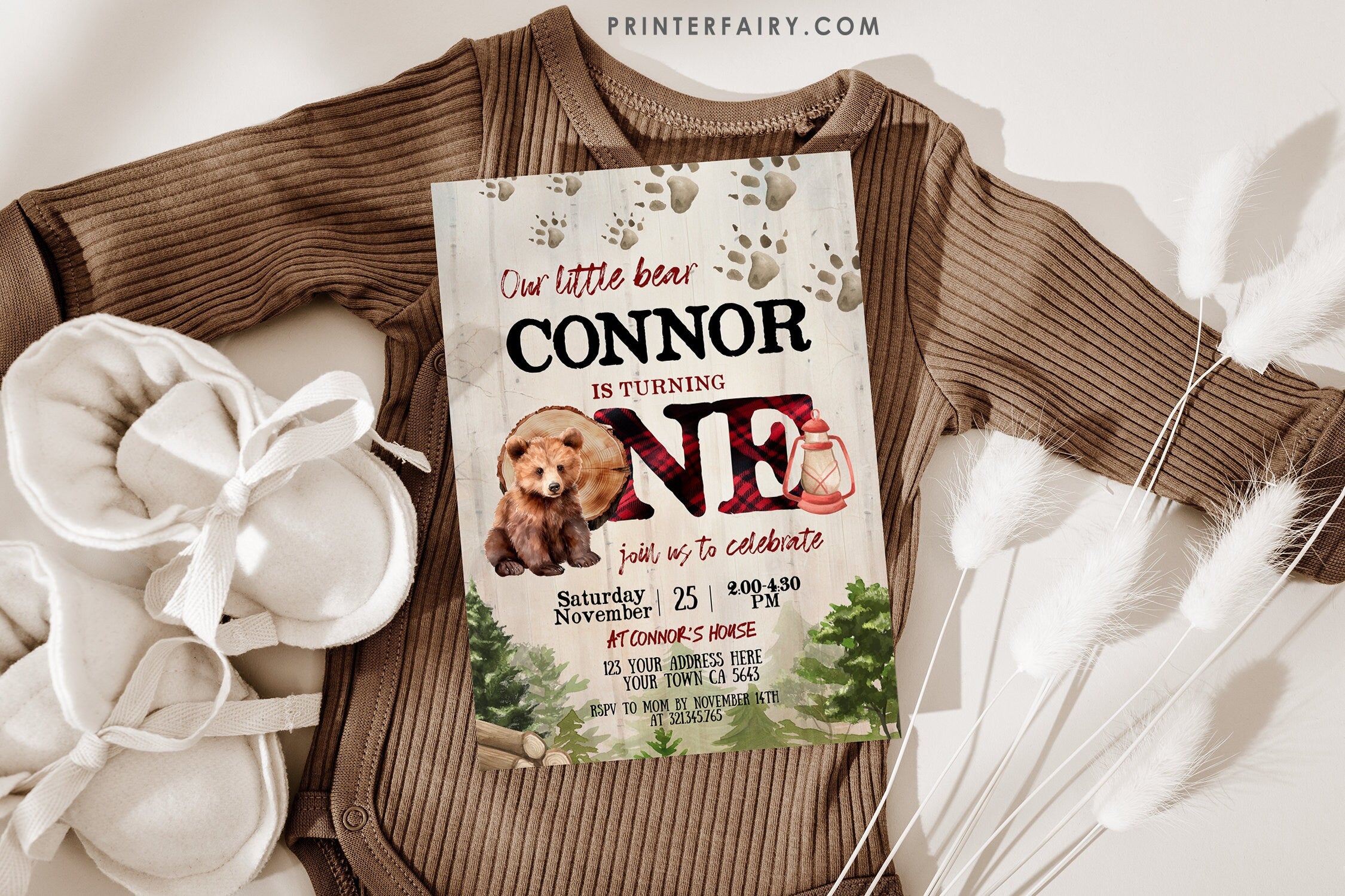 Lumberjack Bear 1st Birthday Invitation, Winter Woodland (Instant Download)