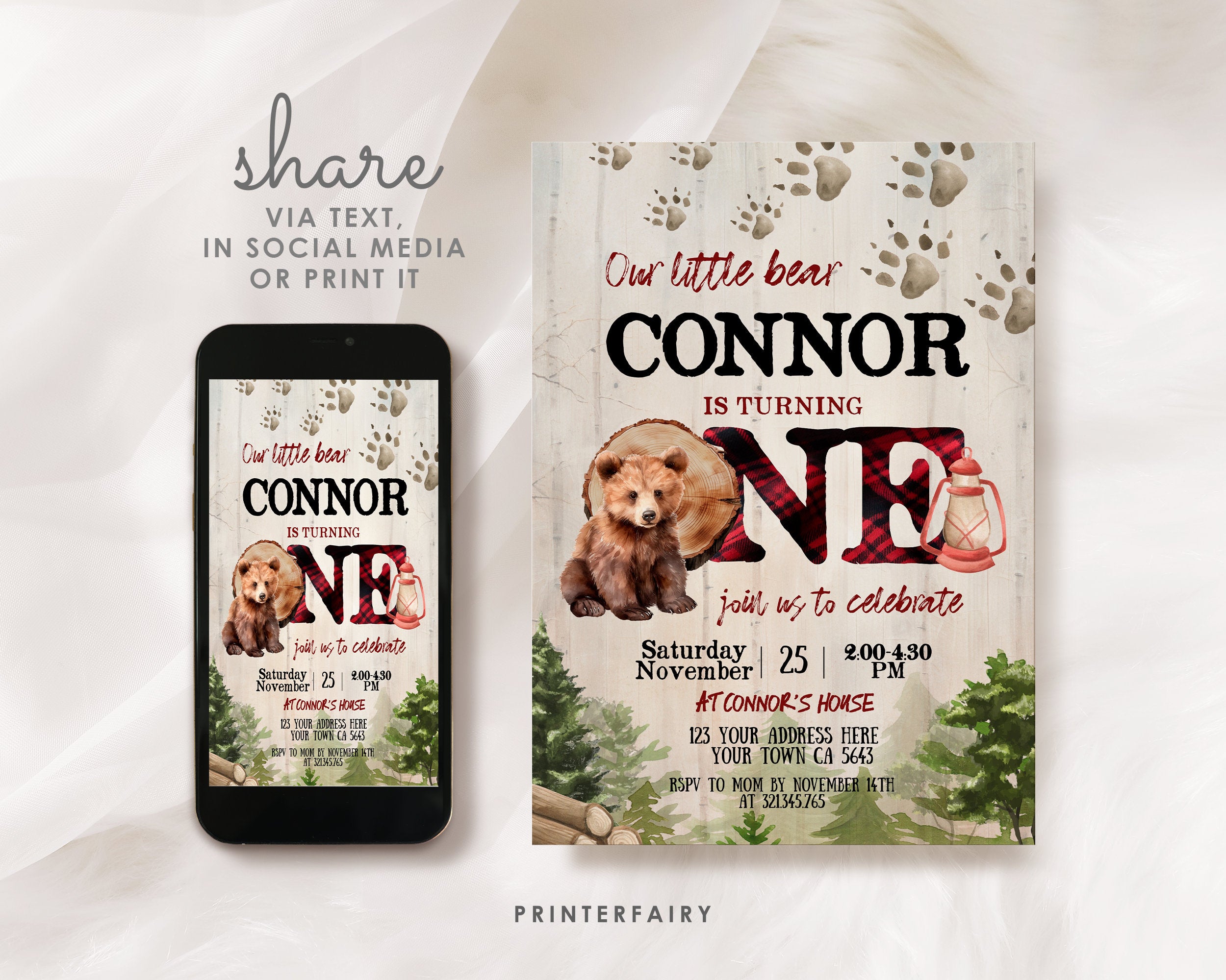 Lumberjack Bear 1st Birthday Invitation, Winter Woodland (Instant Download)