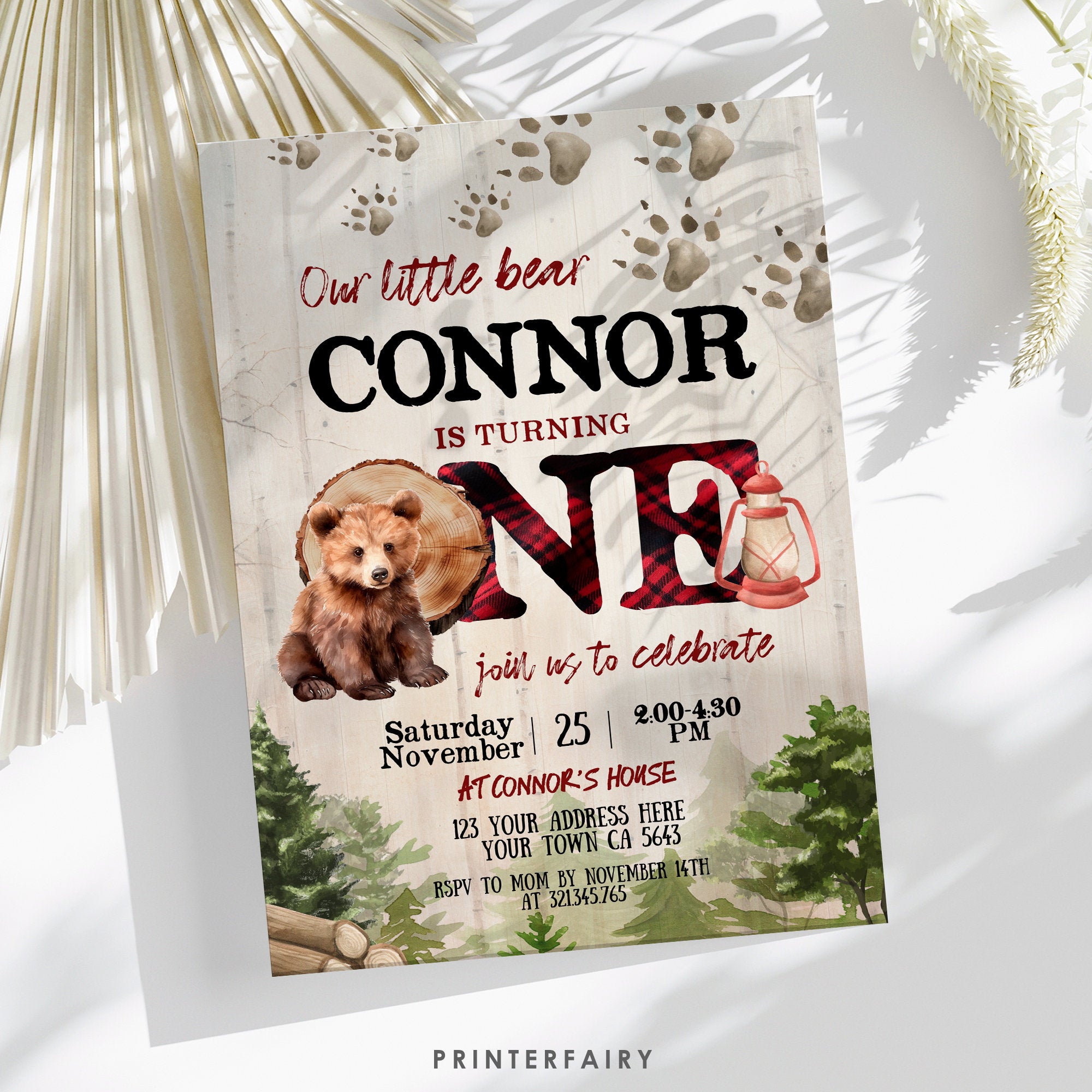 Lumberjack Bear 1st Birthday Invitation, Winter Woodland (Instant Download)