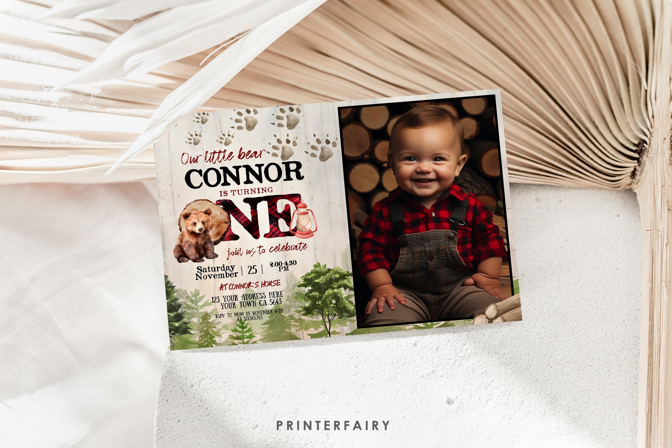 Baby Bear Lumberjack 1st Birthday Invitation with Photo (Digital Download)
