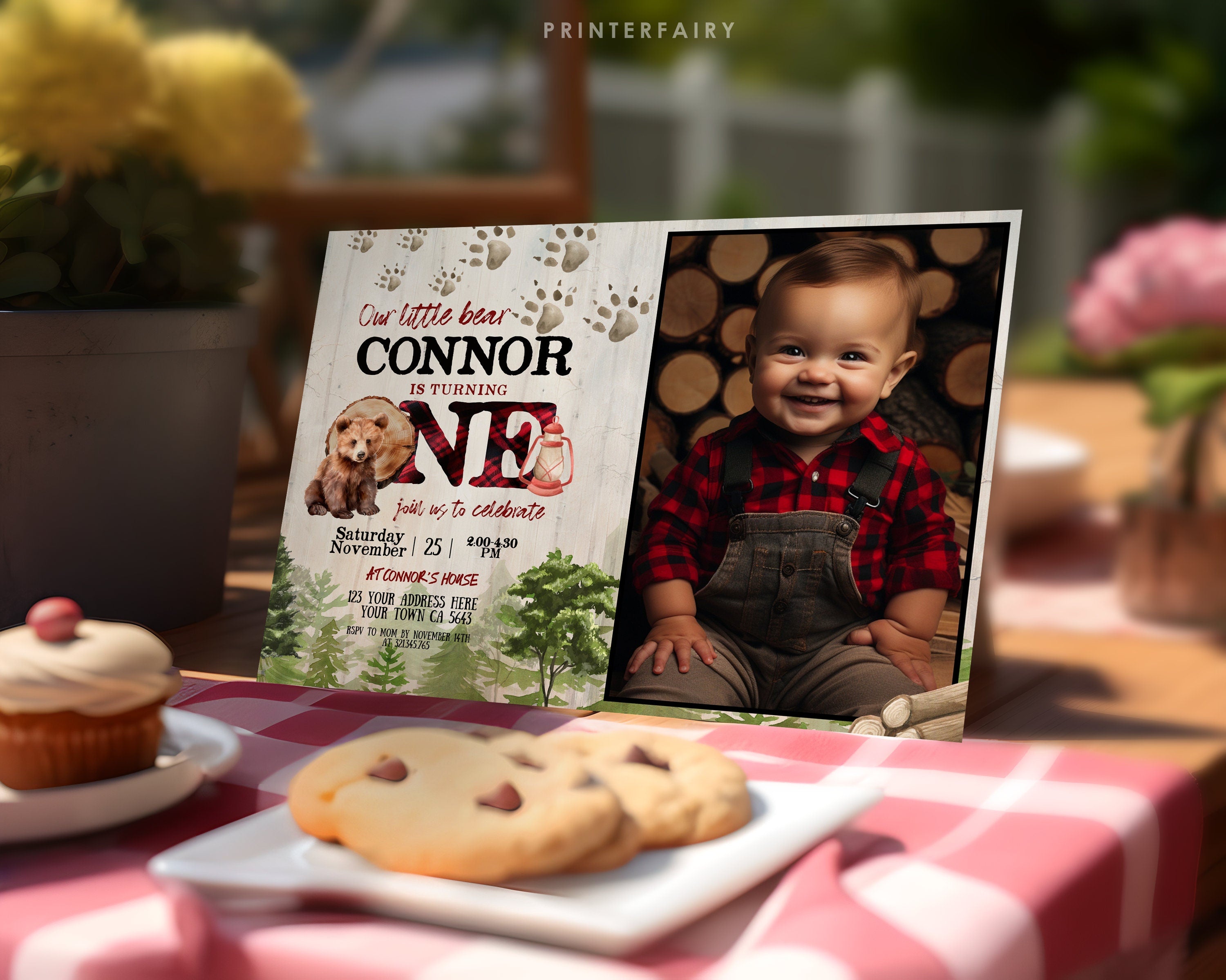 Baby Bear Lumberjack 1st Birthday Invitation with Photo (Digital Download)