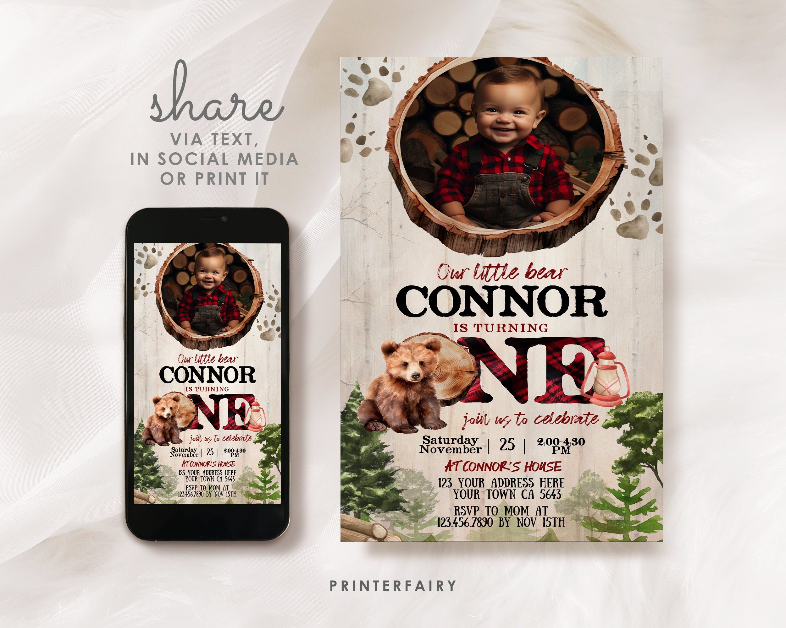 Lumberjack Bear 1st Birthday Evite with Photo (Digital Invitation)