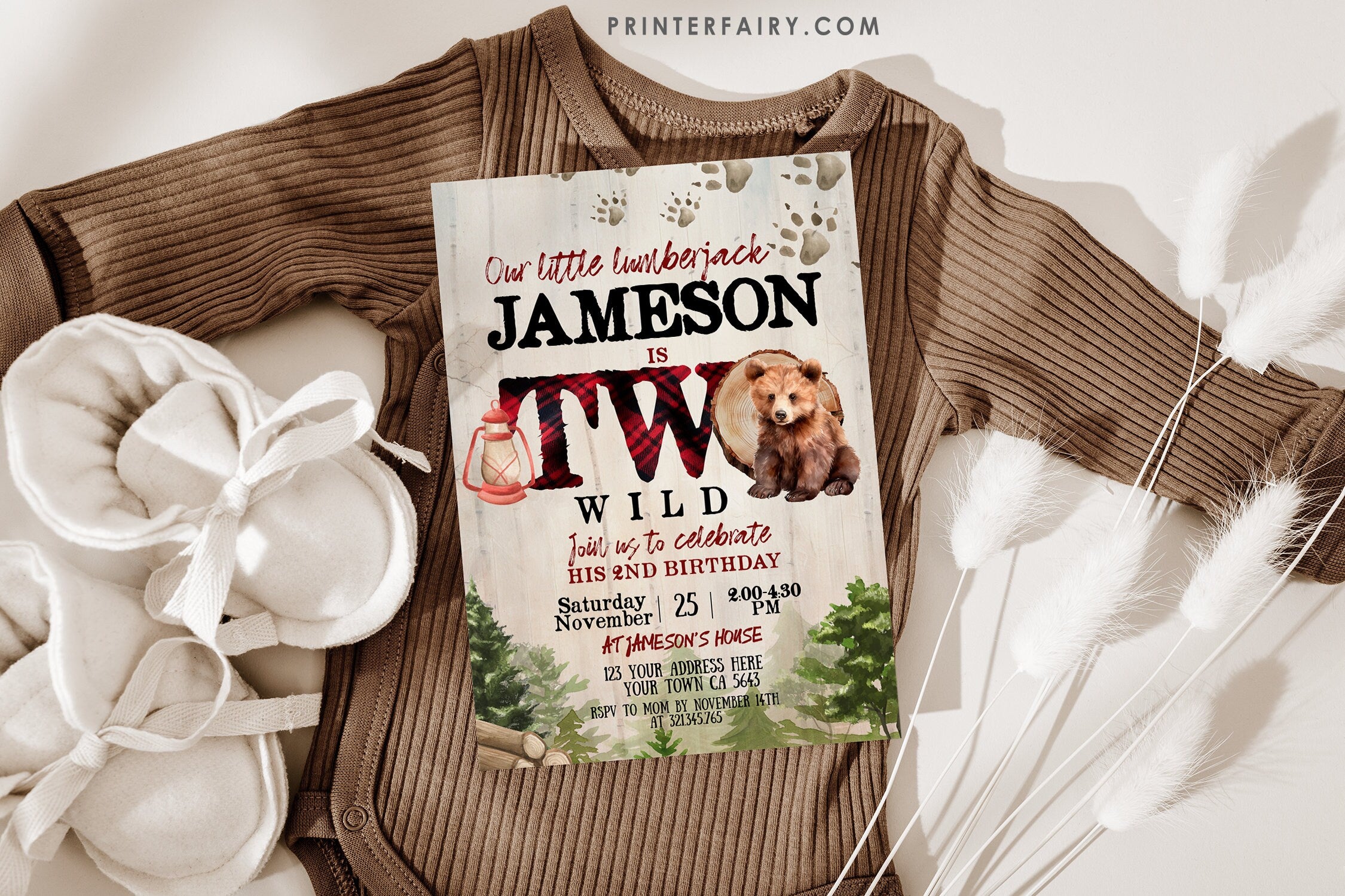 Lumberjack Bear 2nd Birthday Invitation, Two Wild (Instant Download)