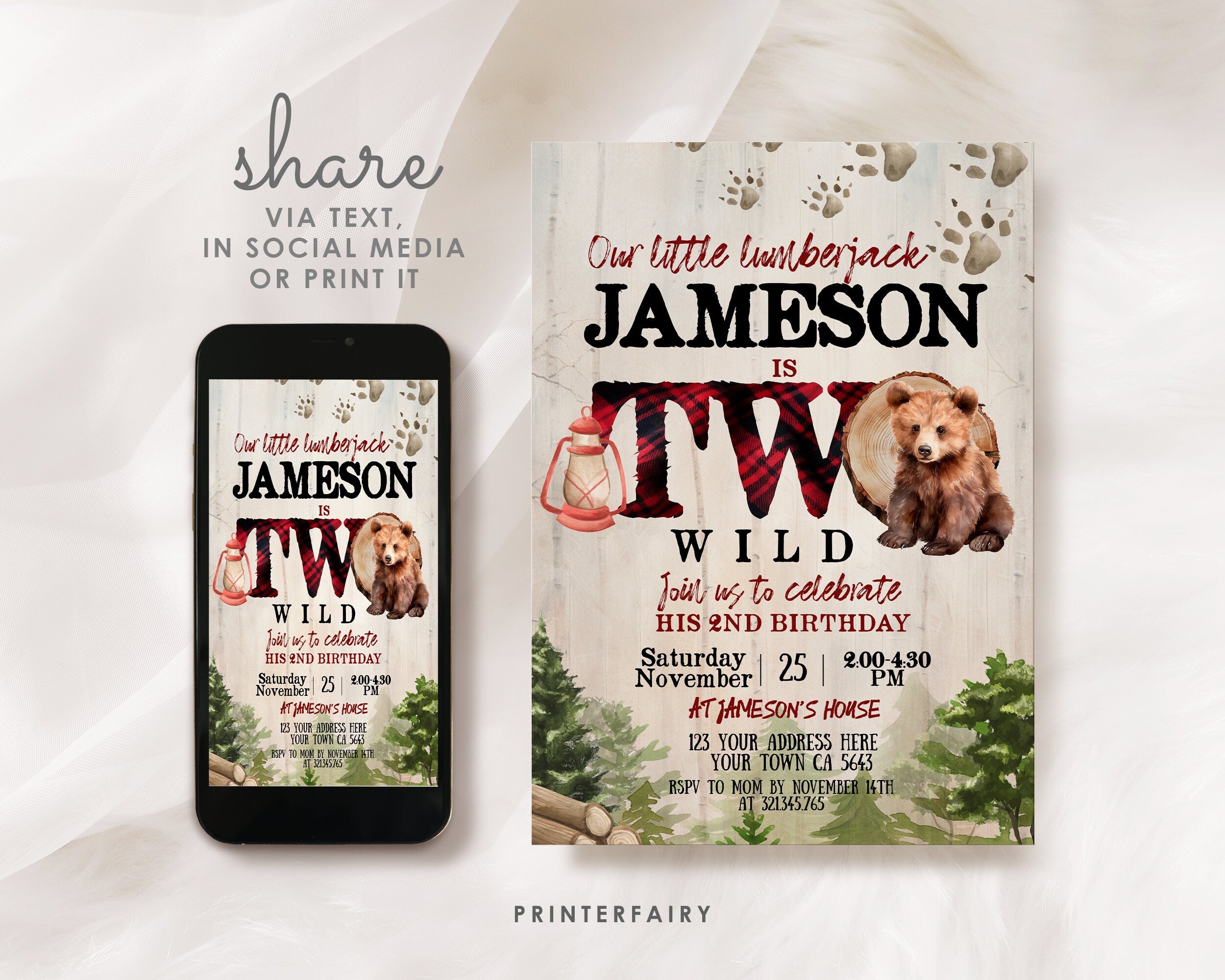 Lumberjack Bear 2nd Birthday Invitation, Two Wild (Instant Download)