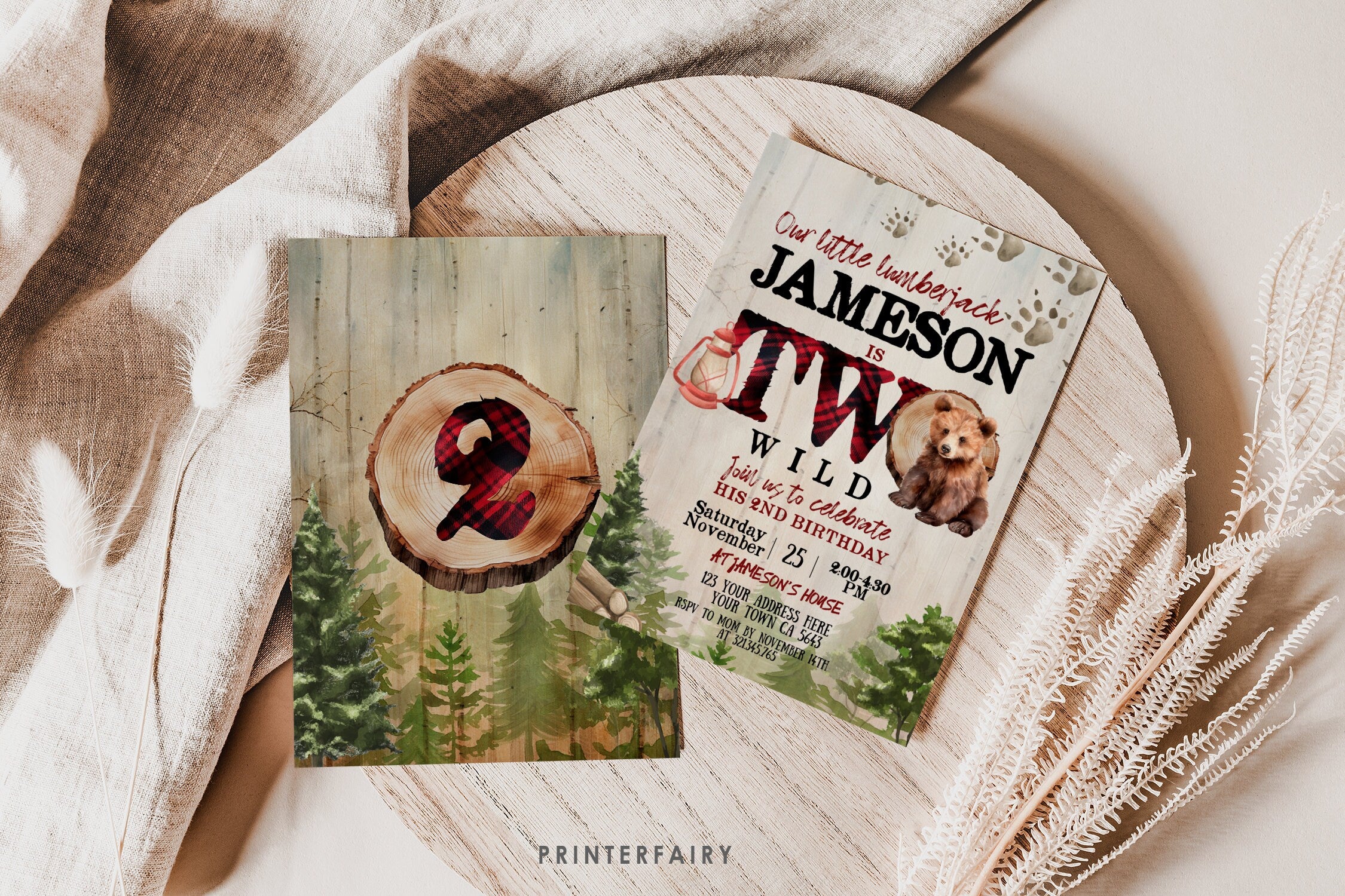 Lumberjack Bear 2nd Birthday Invitation, Two Wild (Instant Download)
