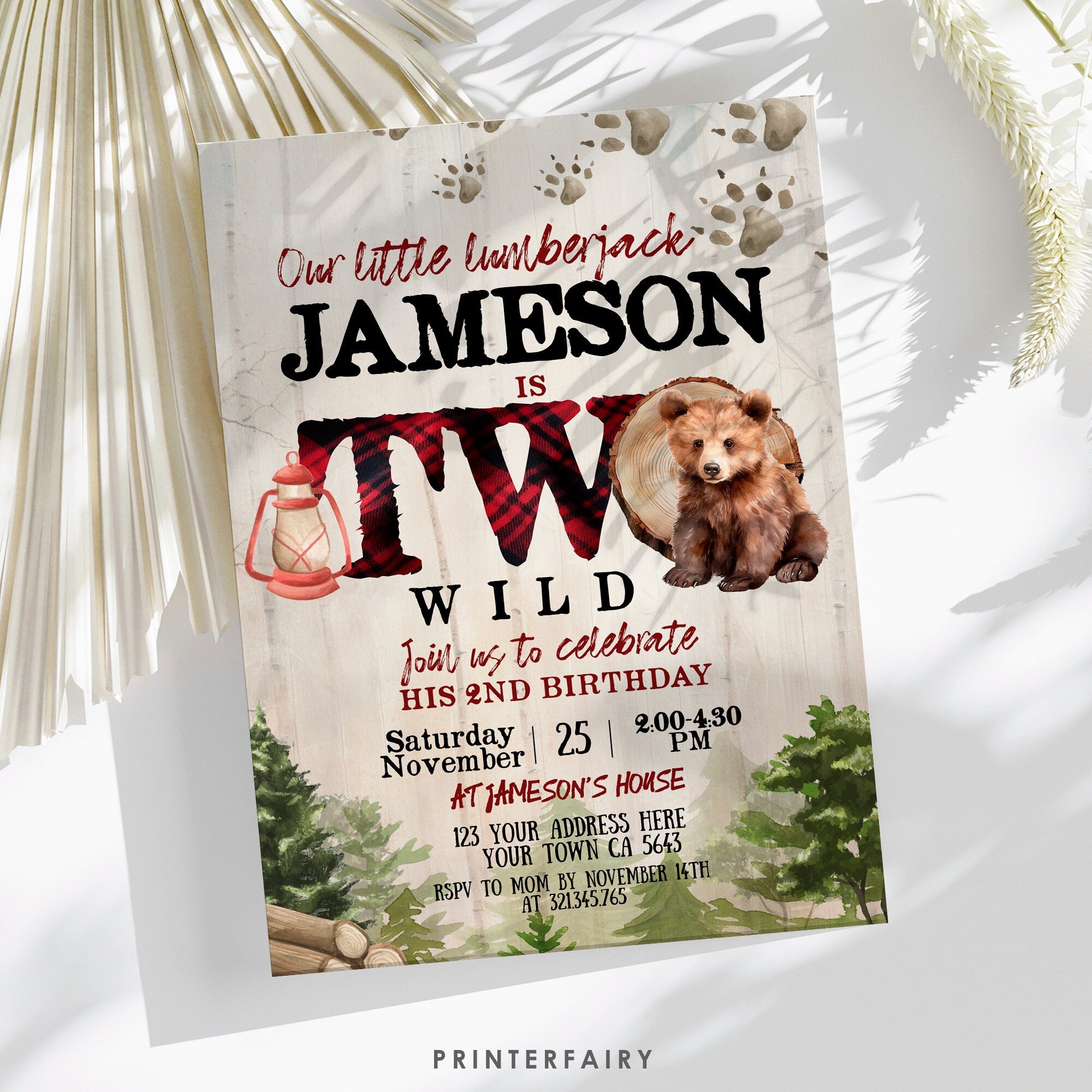 Lumberjack Bear 2nd Birthday Invitation, Two Wild (Instant Download)