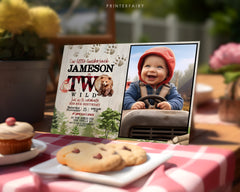 Baby Bear 2nd Birthday Invitation with Photo, Lumberjack Party (Instant Download)