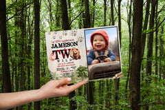 Baby Bear 2nd Birthday Invitation with Photo, Lumberjack Party (Instant Download)