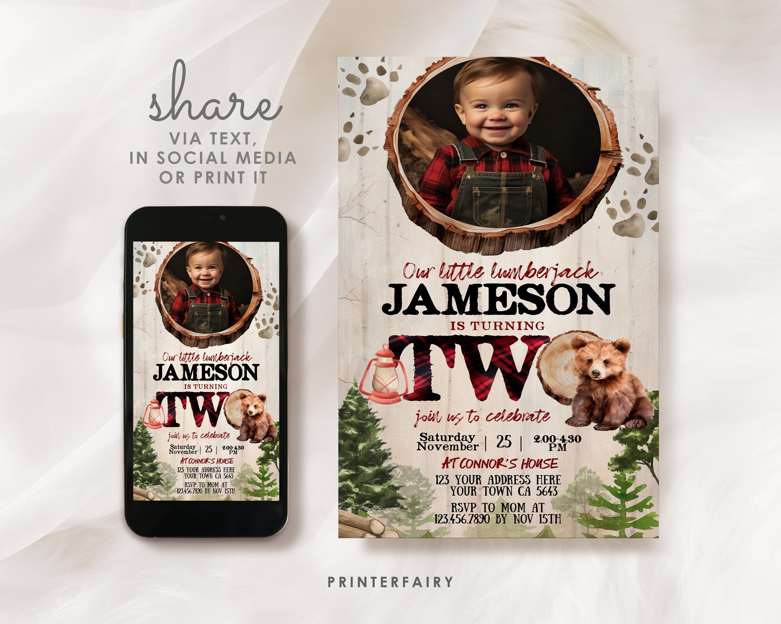 Lumberjack Bear 2nd Birthday evite, Editable Birthday Invitation, Instant Download