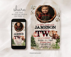Lumberjack Bear 2nd Birthday evite, Editable Birthday Invitation, Instant Download