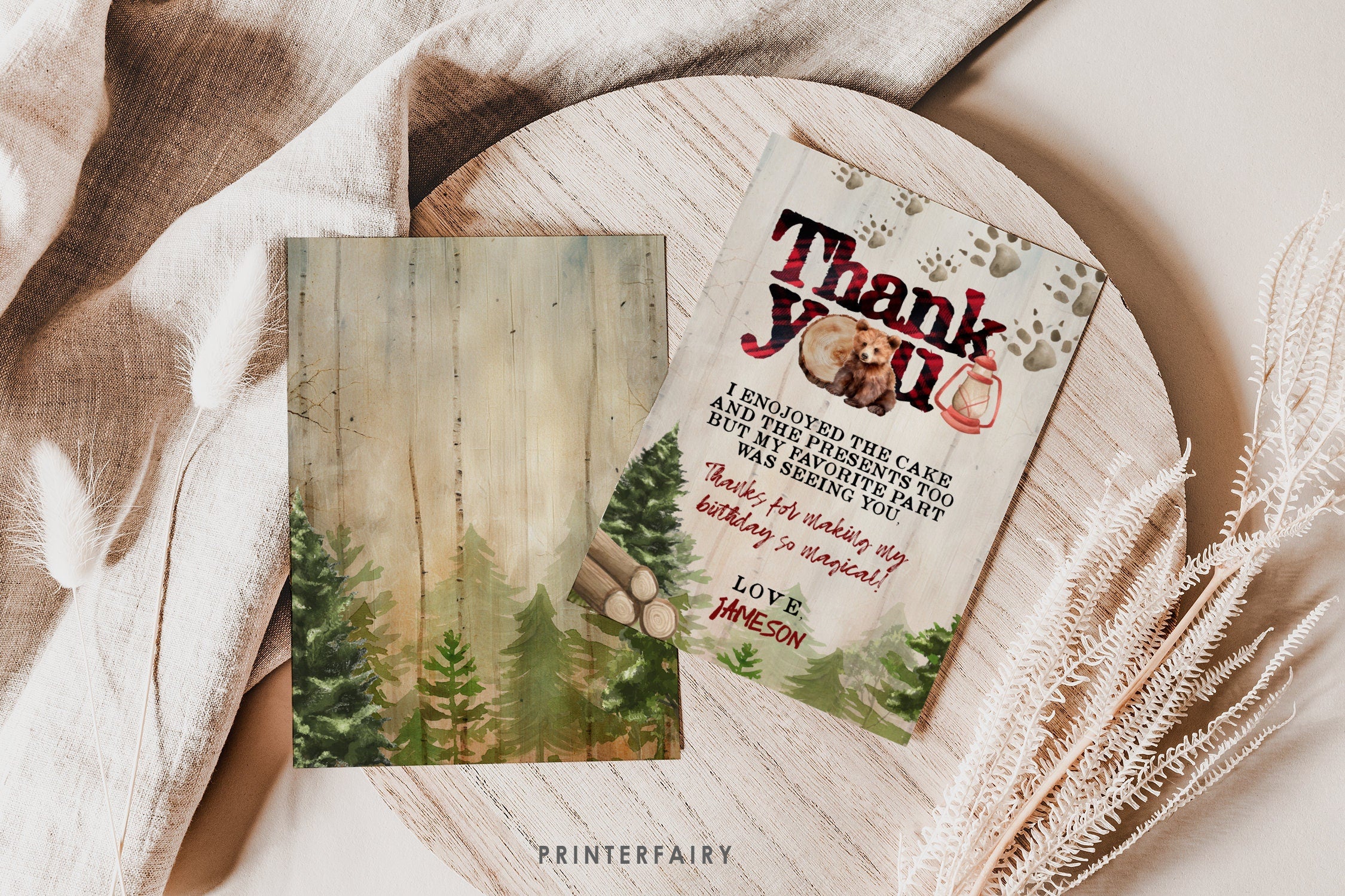 Lumberjack Bear Thank You Card, Winter Birthday (Digital Download)