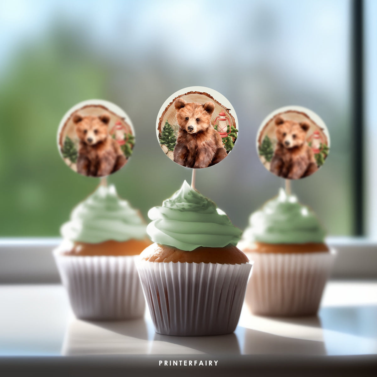 Lumberjack Bear Cupcake Toppers, Woodland Birthday Party (Printable Stickers)