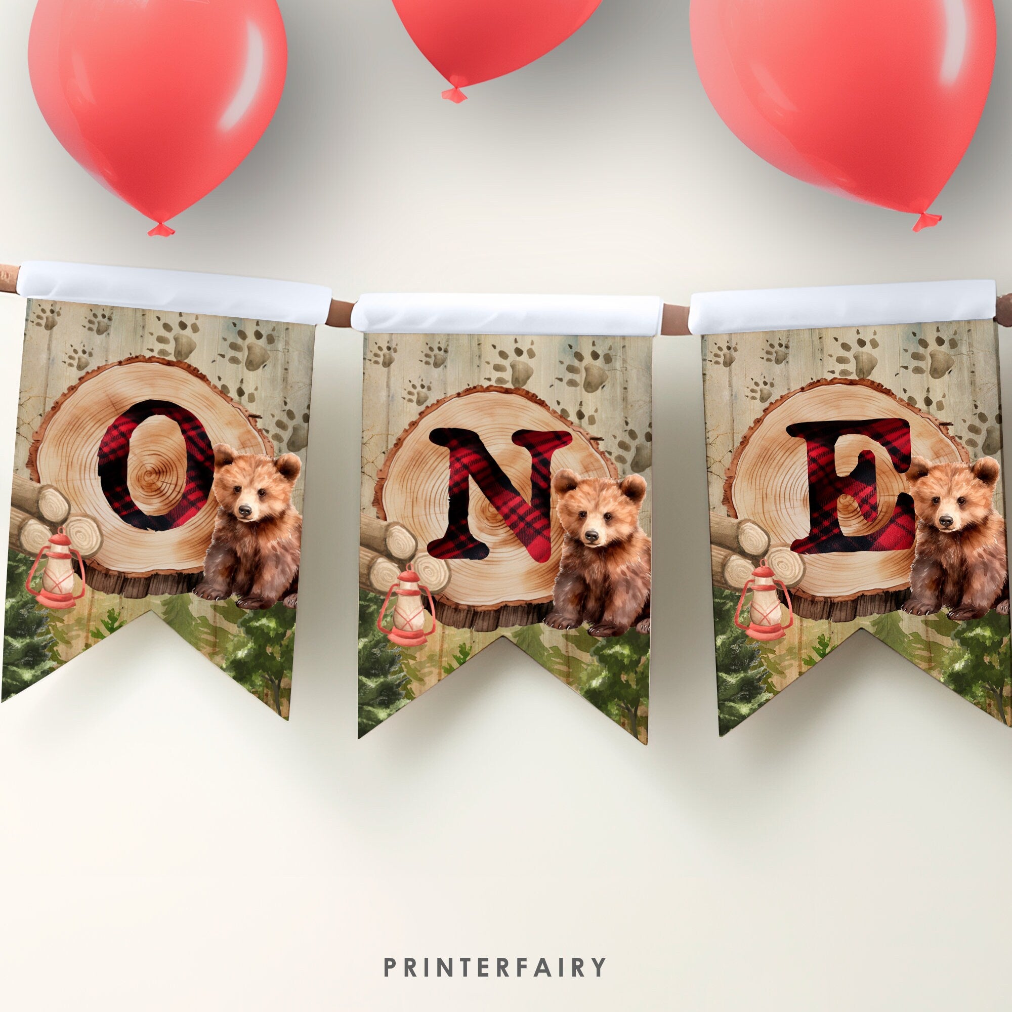 Lumberjack Bear 1st Birthday Banner, Woodland Garland (Printable)