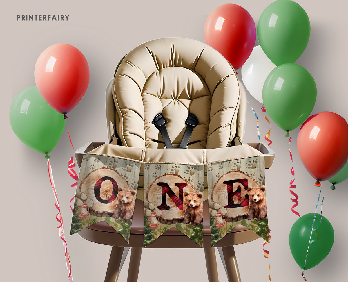 Lumberjack Bear 1st Birthday Banner, Woodland Garland (Printable)