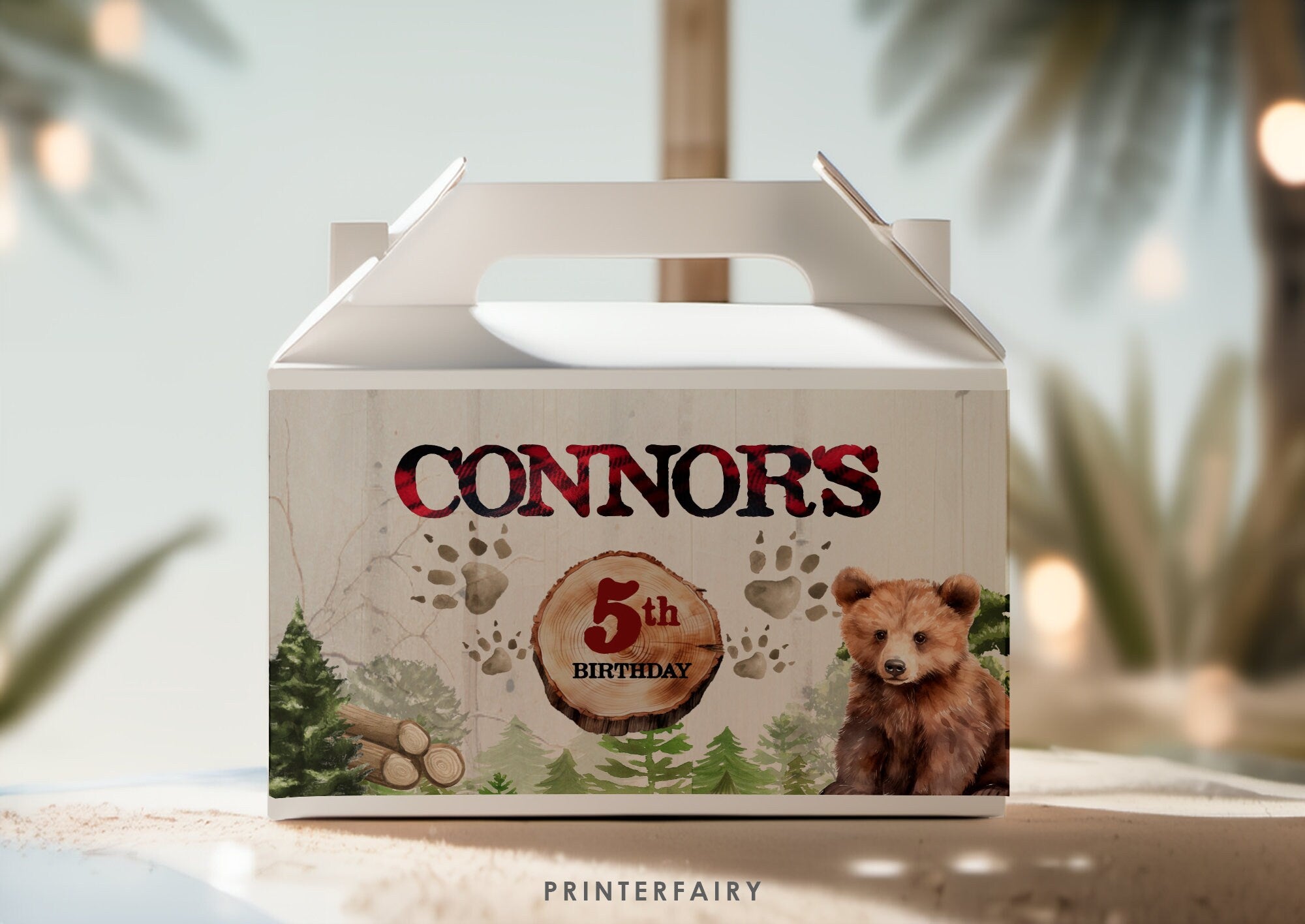 Lumberjack Bear Gable Box Label, Editable Birthday Party Favor (Digital Item)